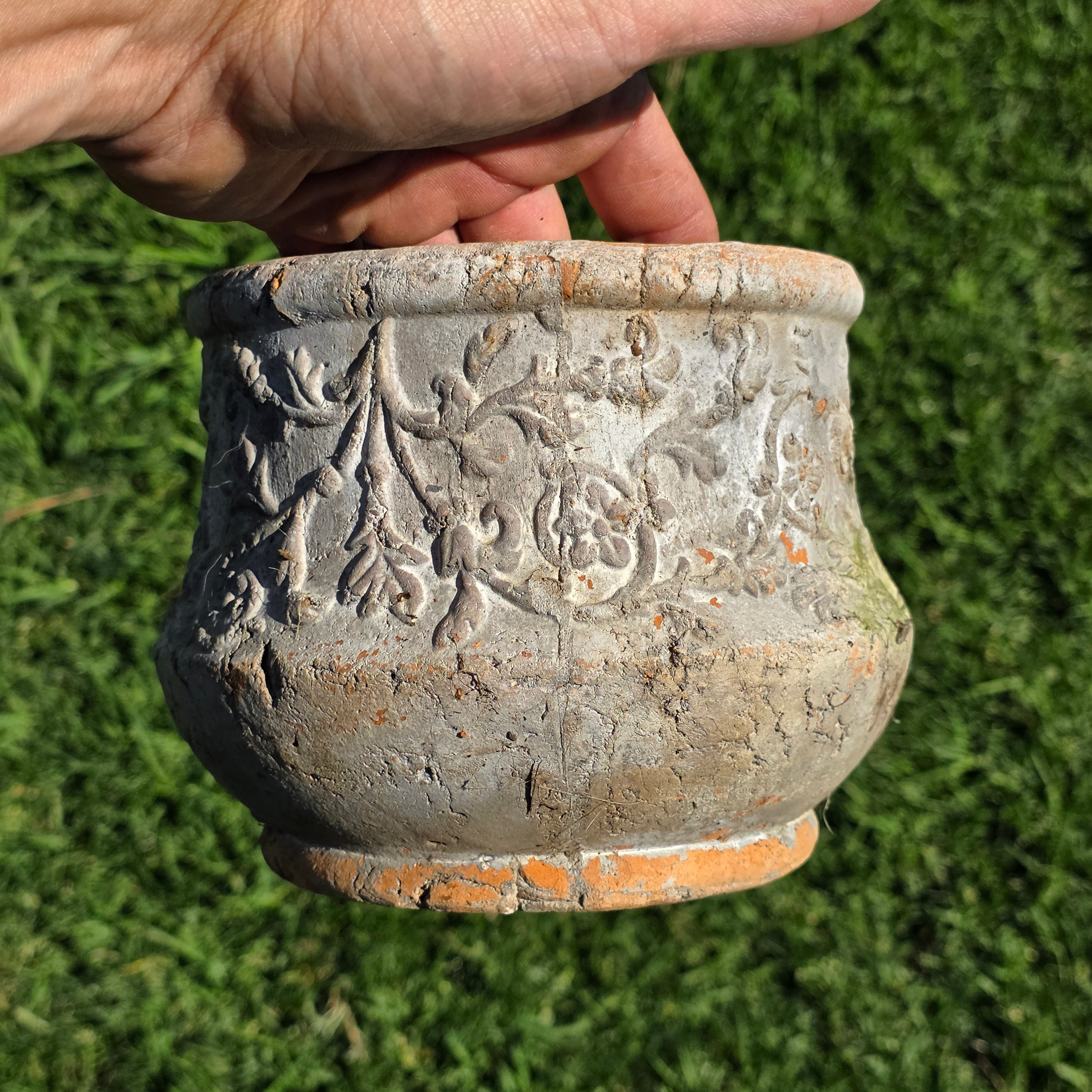 Vintage Terracotta Planter Rustic Weathered Flower Pot Embossed Floral 7" Garden