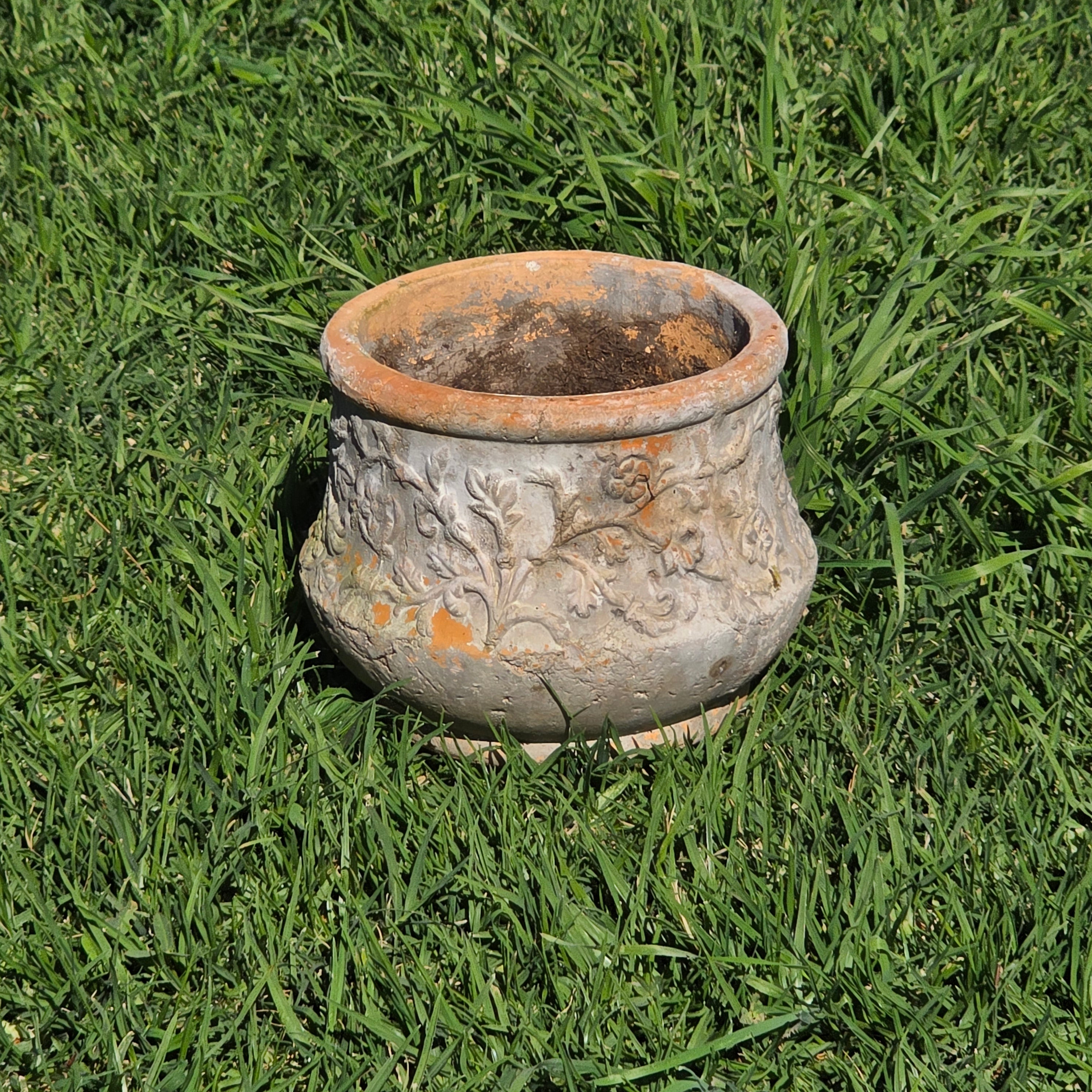 Vintage Terracotta Planter Rustic Weathered Flower Pot Embossed Floral 7" Garden