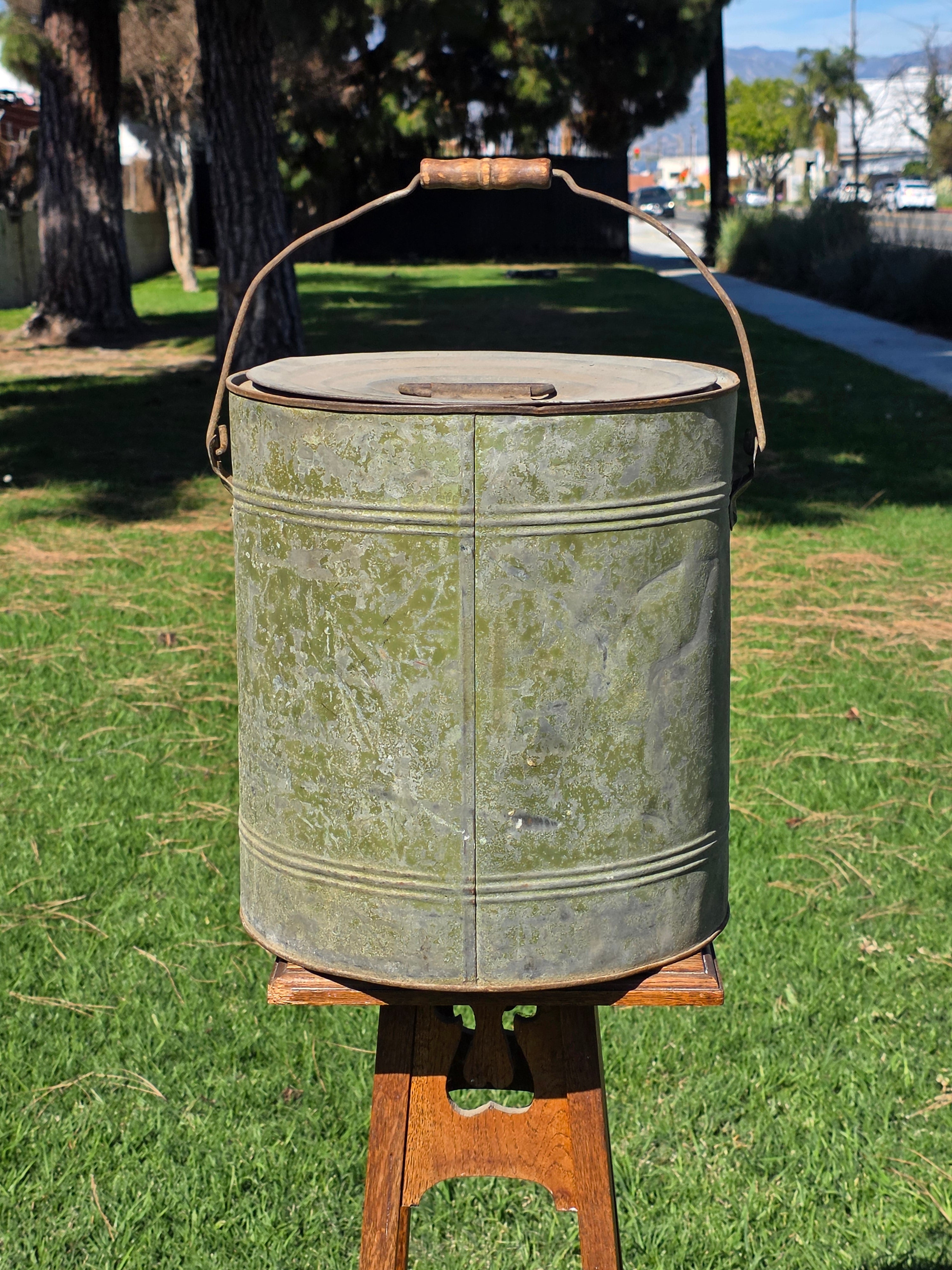 Vintage Industrial Galvanized Steel Canister Lid Heavy 11lb Smoker Planter 14"H