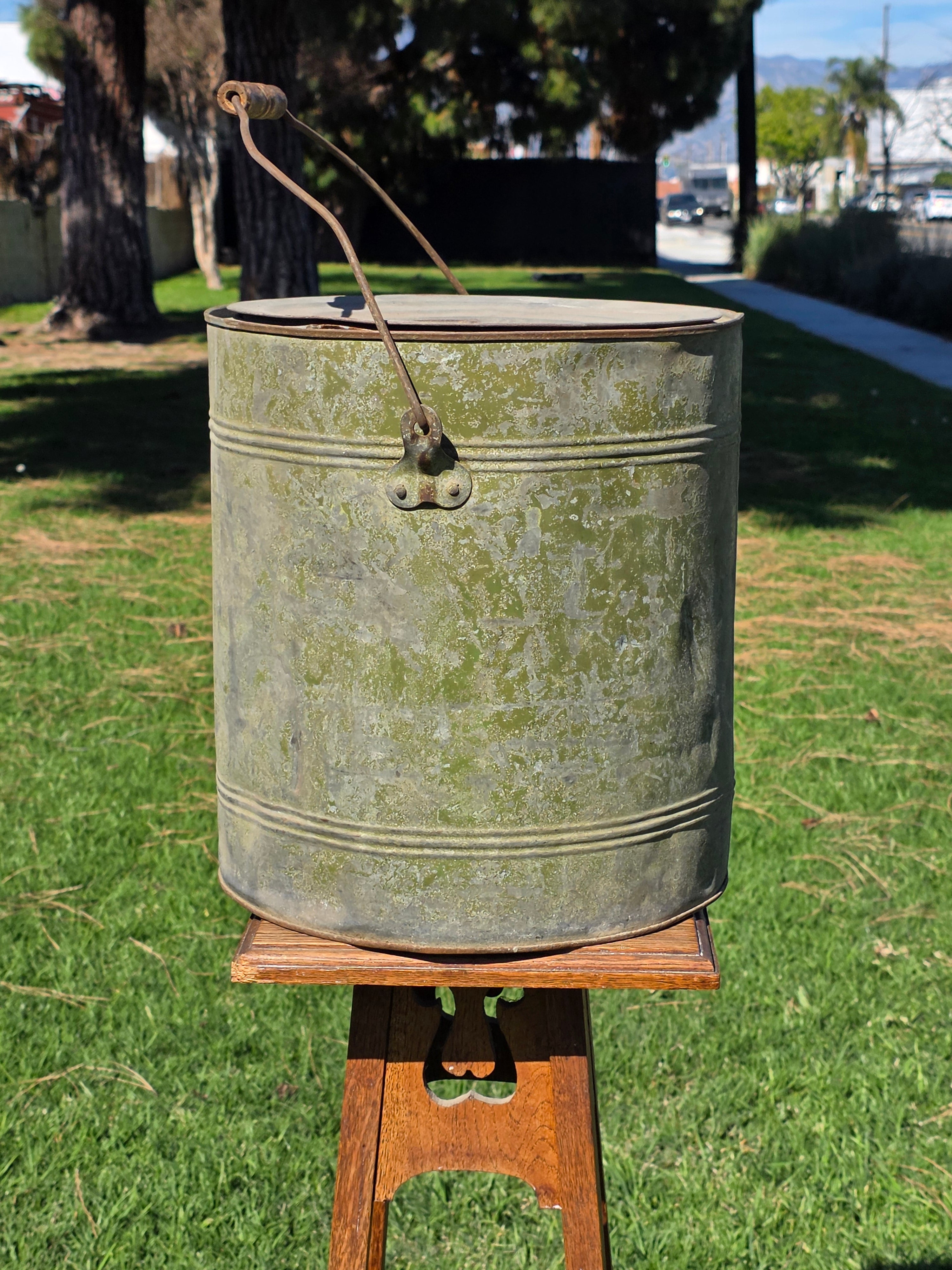 Vintage Industrial Galvanized Steel Canister Lid Heavy 11lb Smoker Planter 14"H