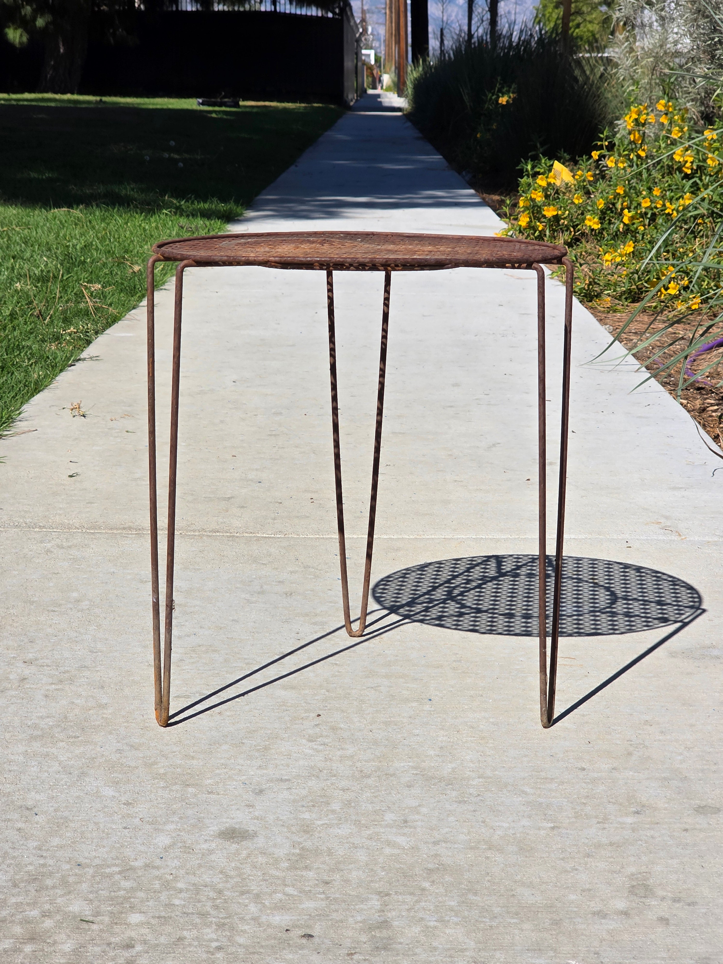 Vintage Mid Century Modern Iron Side Table 15" Mesh Plant Stand 1950s Garden