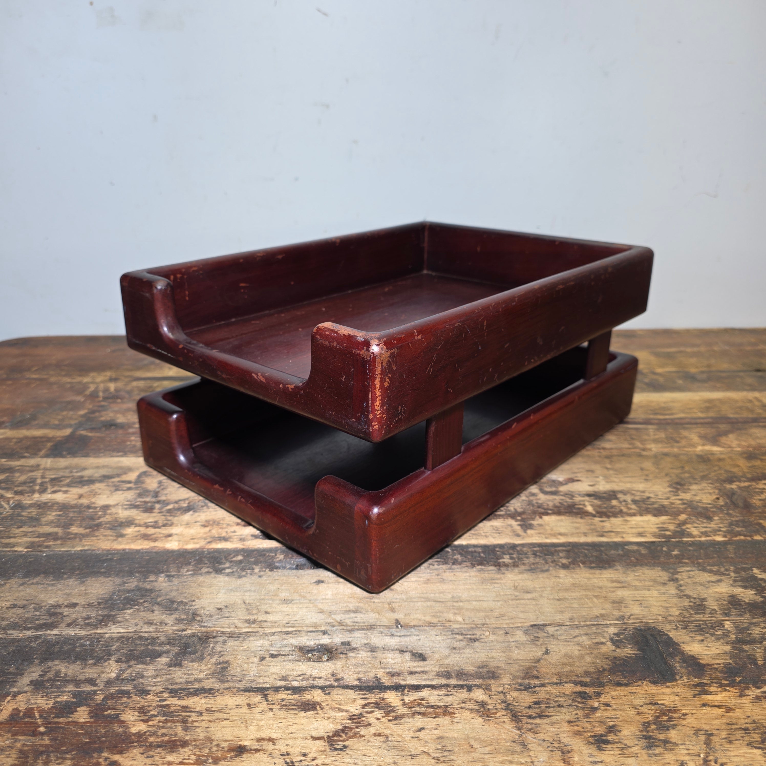 Vintage Wood 2 Tier Letter Tray Desk Organizer Mid Century Modern Rustic Style