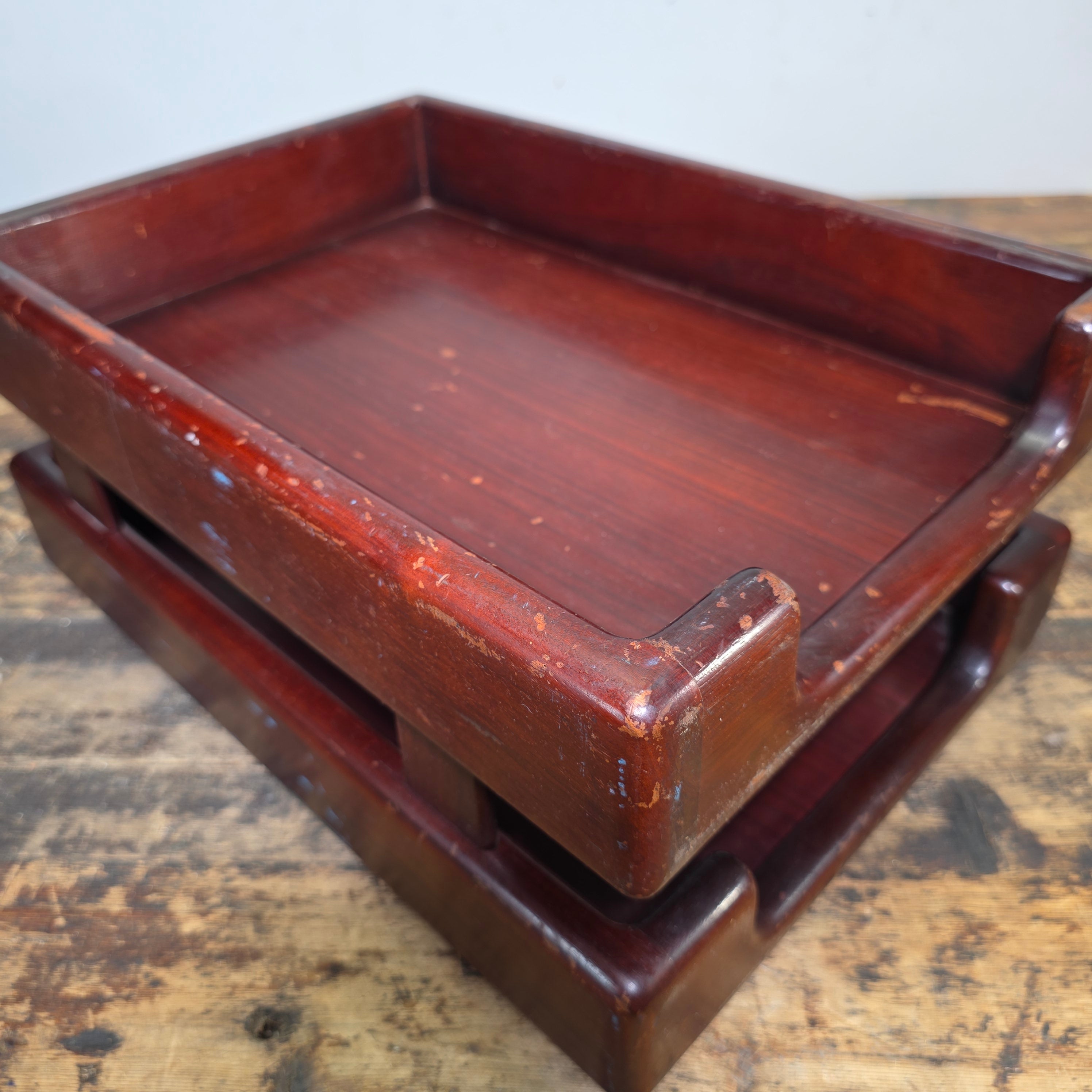 Vintage Wood 2 Tier Letter Tray Desk Organizer Mid Century Modern Rustic Style