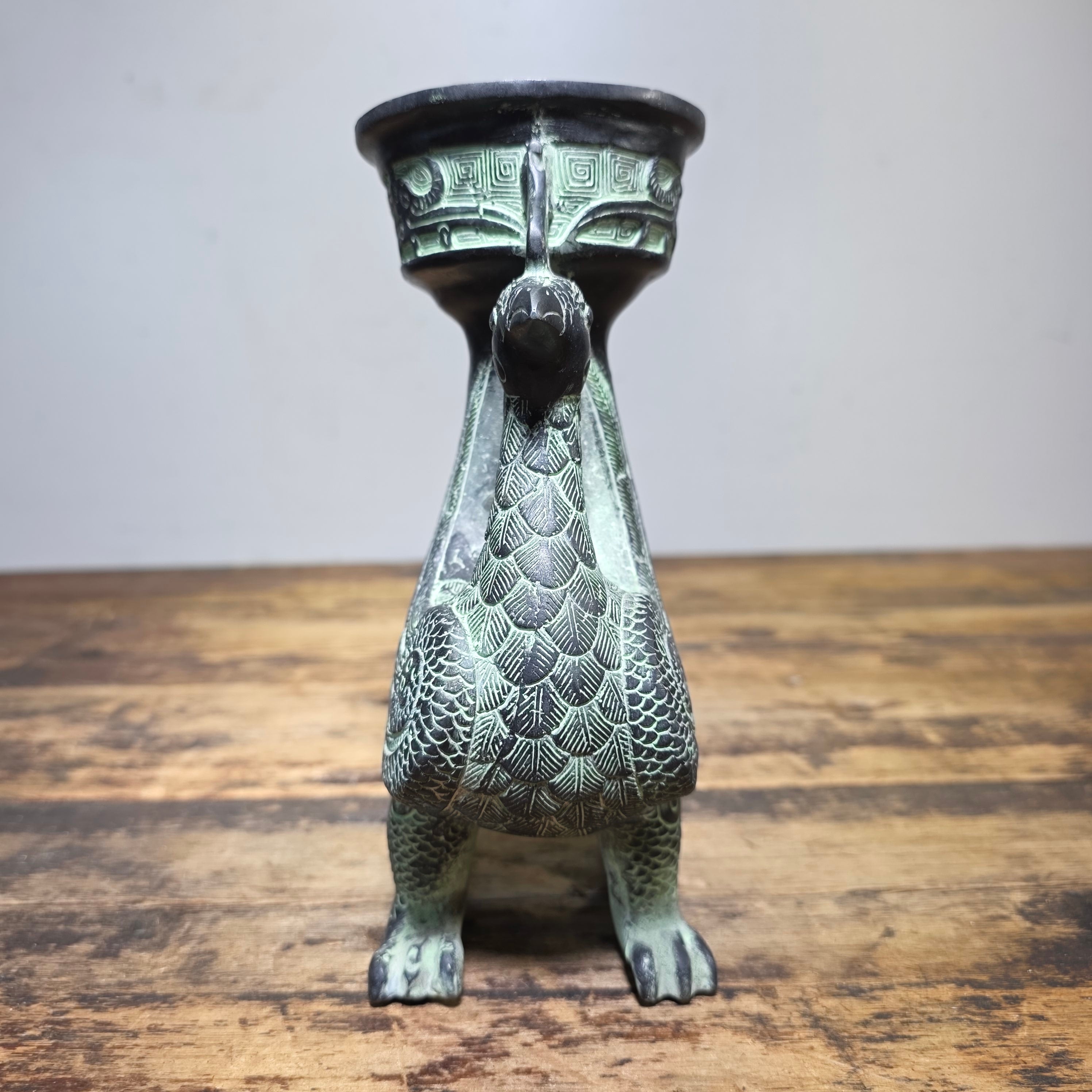 Vintage Chinese Bronze Phoenix Bird Vase Ritual Style Vessel No Lid 8.5"H