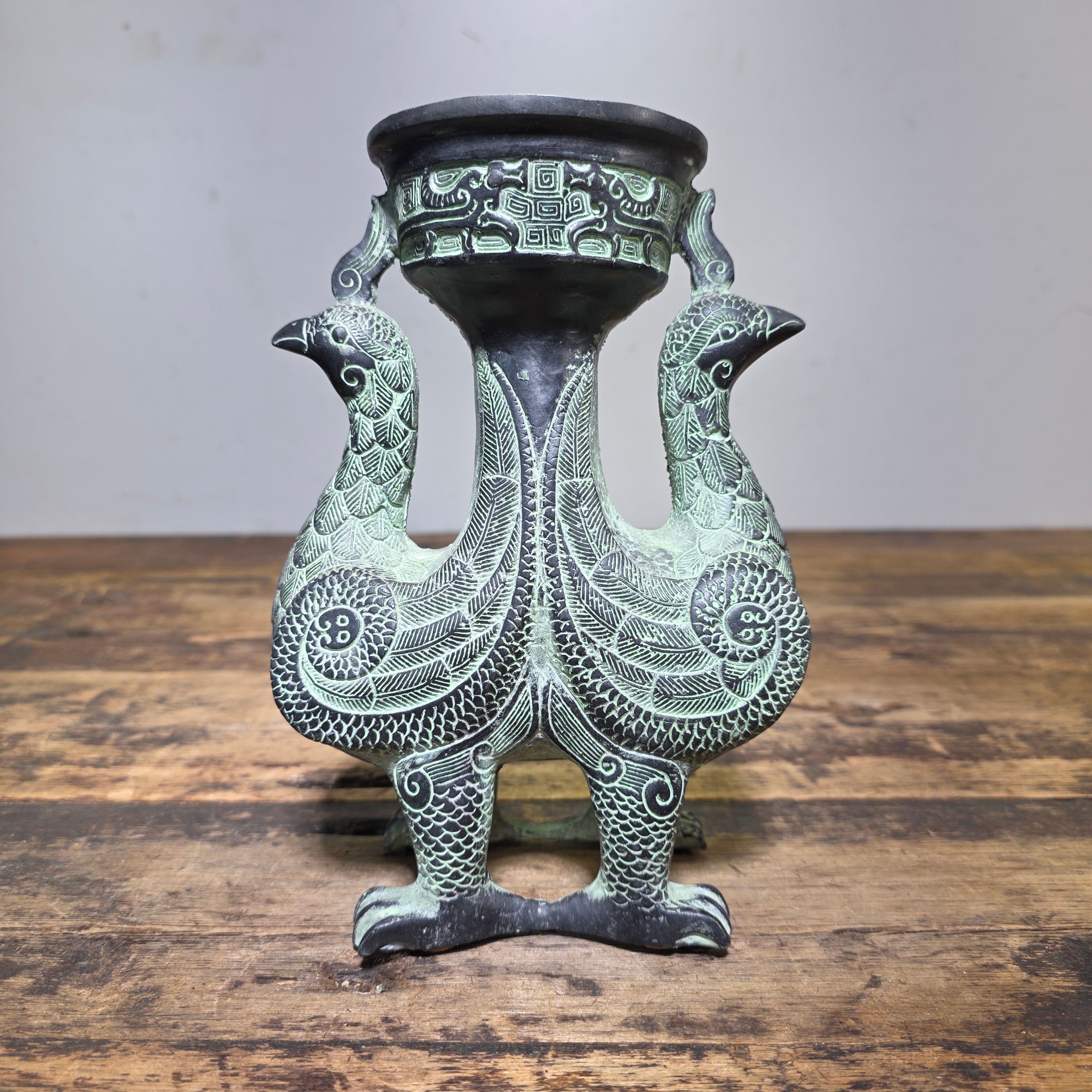 Vintage Chinese Bronze Phoenix Bird Vase Ritual Style Vessel No Lid 8.5"H
