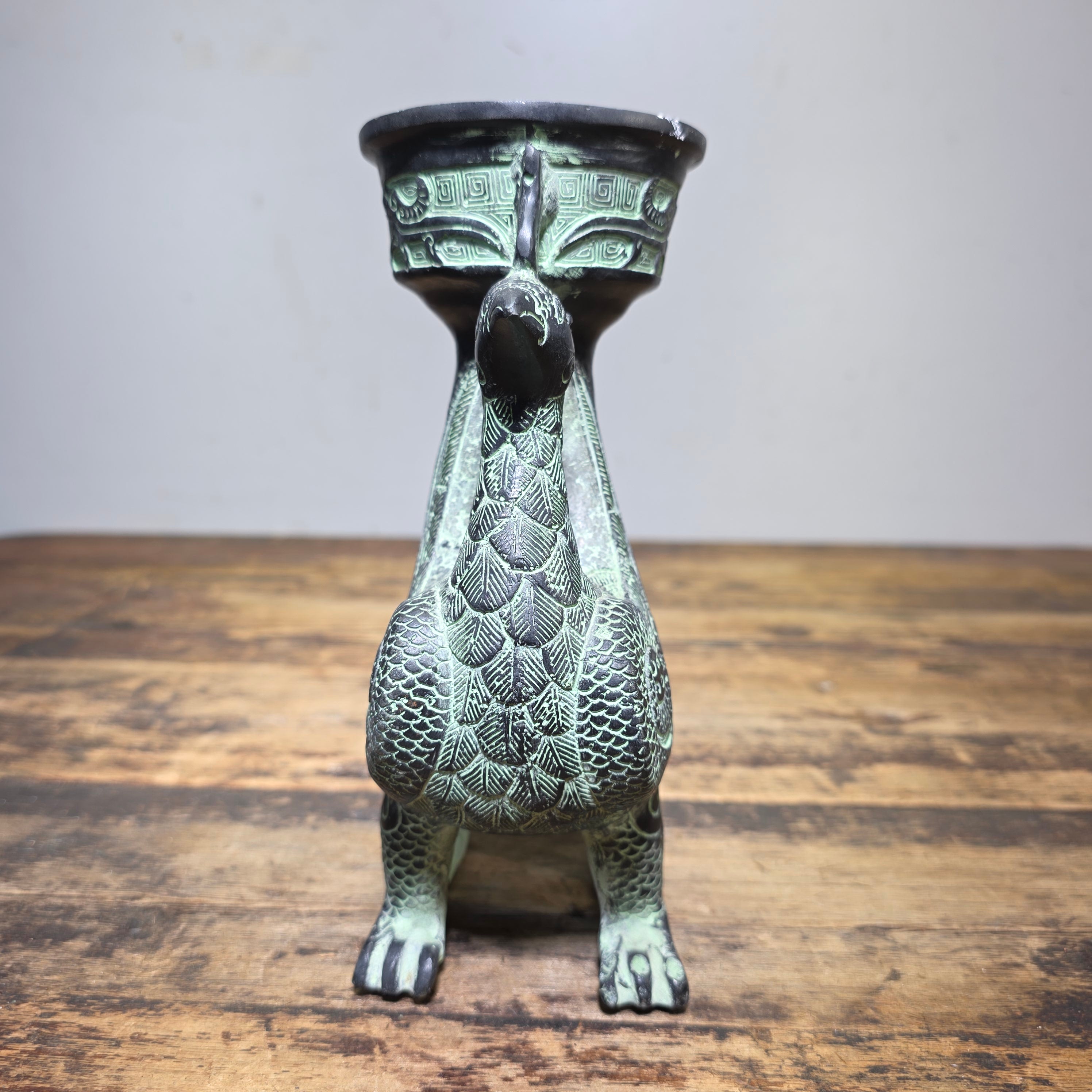 Vintage Chinese Bronze Phoenix Bird Vase Ritual Style Vessel No Lid 8.5"H