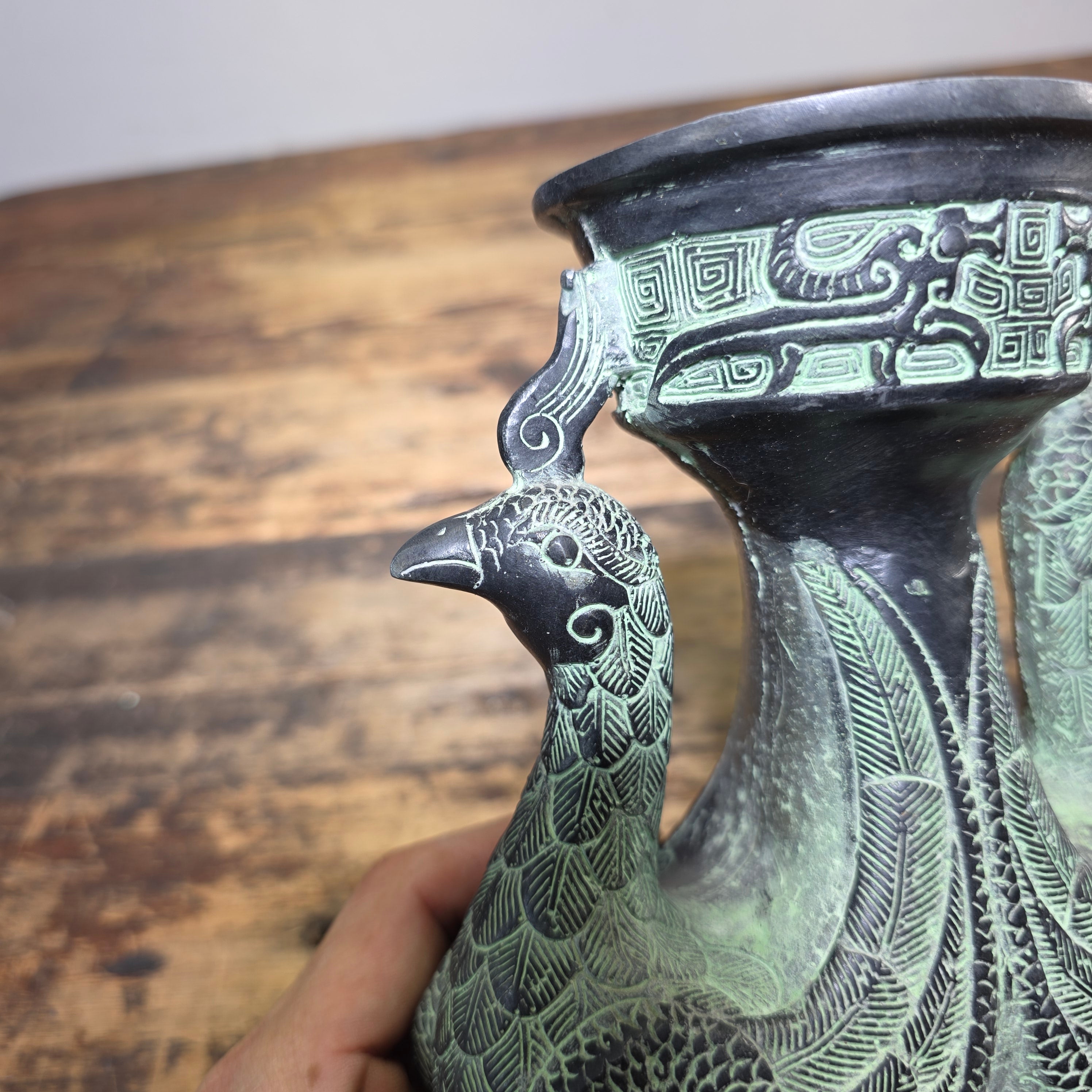Vintage Chinese Bronze Phoenix Bird Vase Ritual Style Vessel No Lid 8.5"H