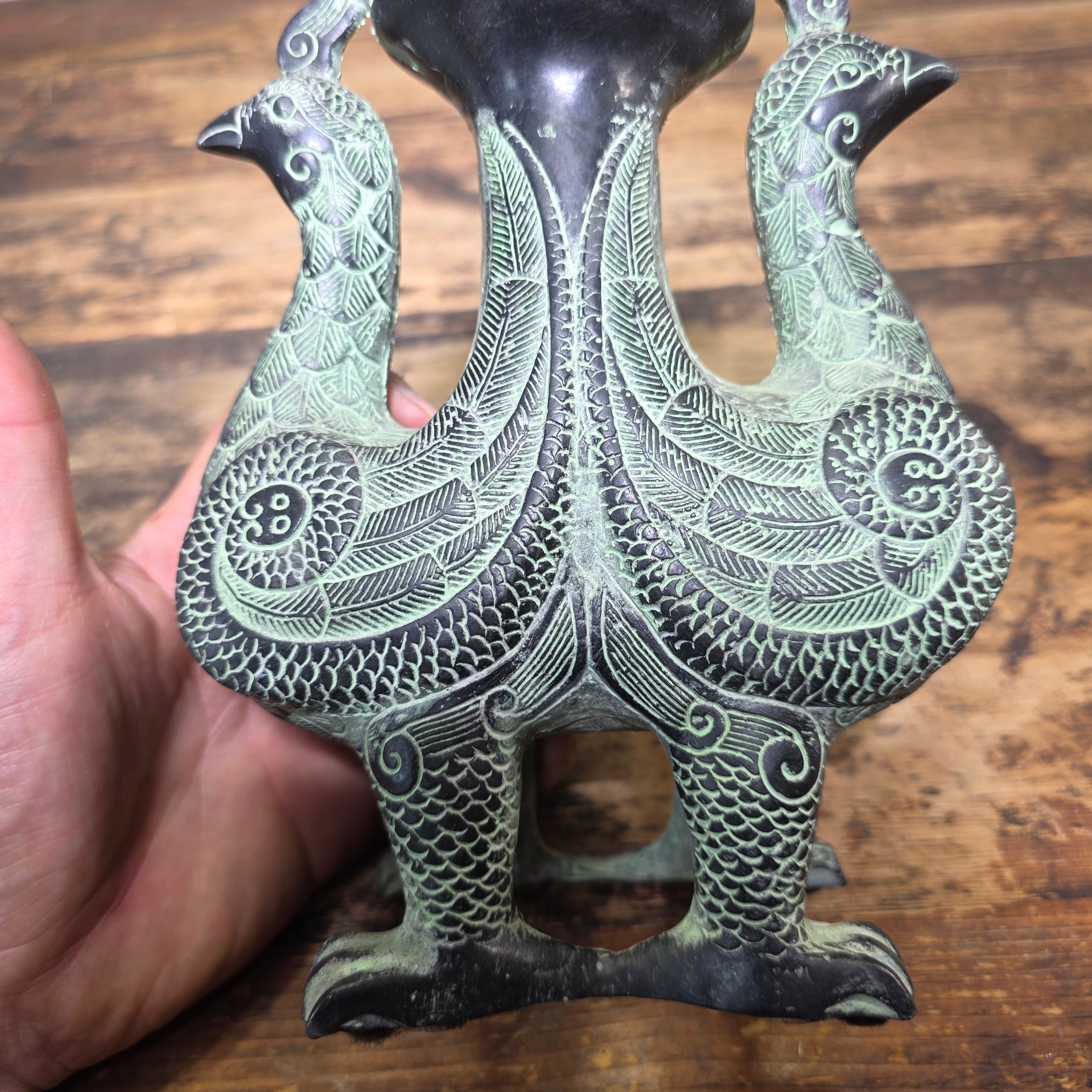 Vintage Chinese Bronze Phoenix Bird Vase Ritual Style Vessel No Lid 8.5"H