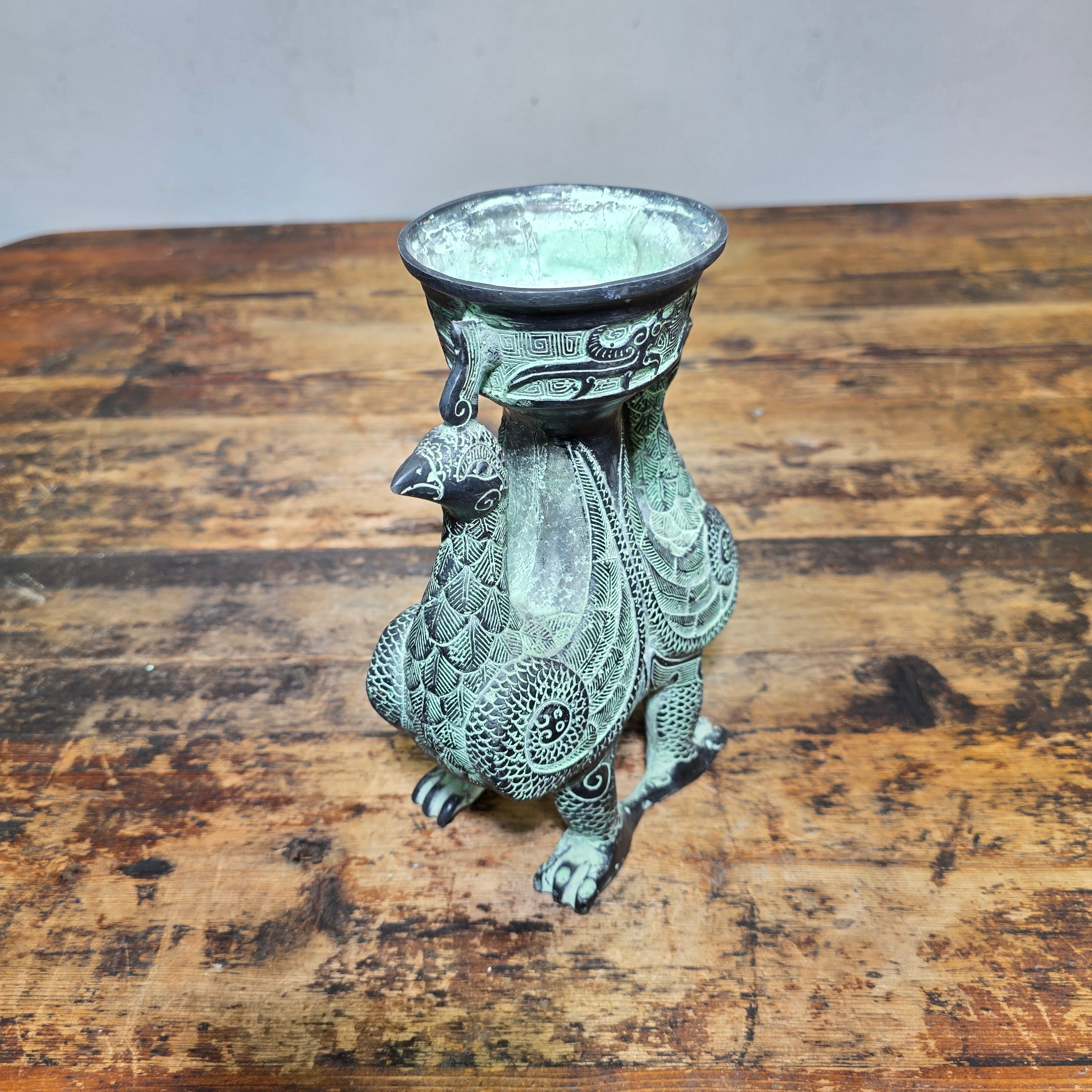 Vintage Chinese Bronze Phoenix Bird Vase Ritual Style Vessel No Lid 8.5"H