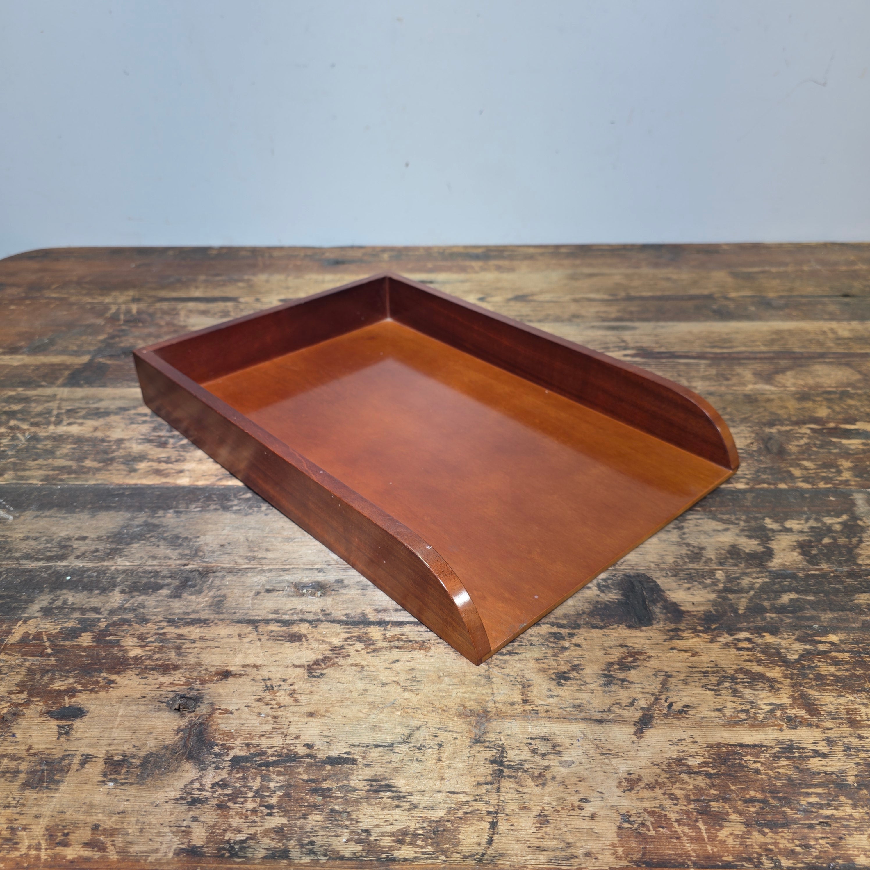 Vintage Wood Single Letter Tray Desk Organizer Mid Century Modern Rustic Style