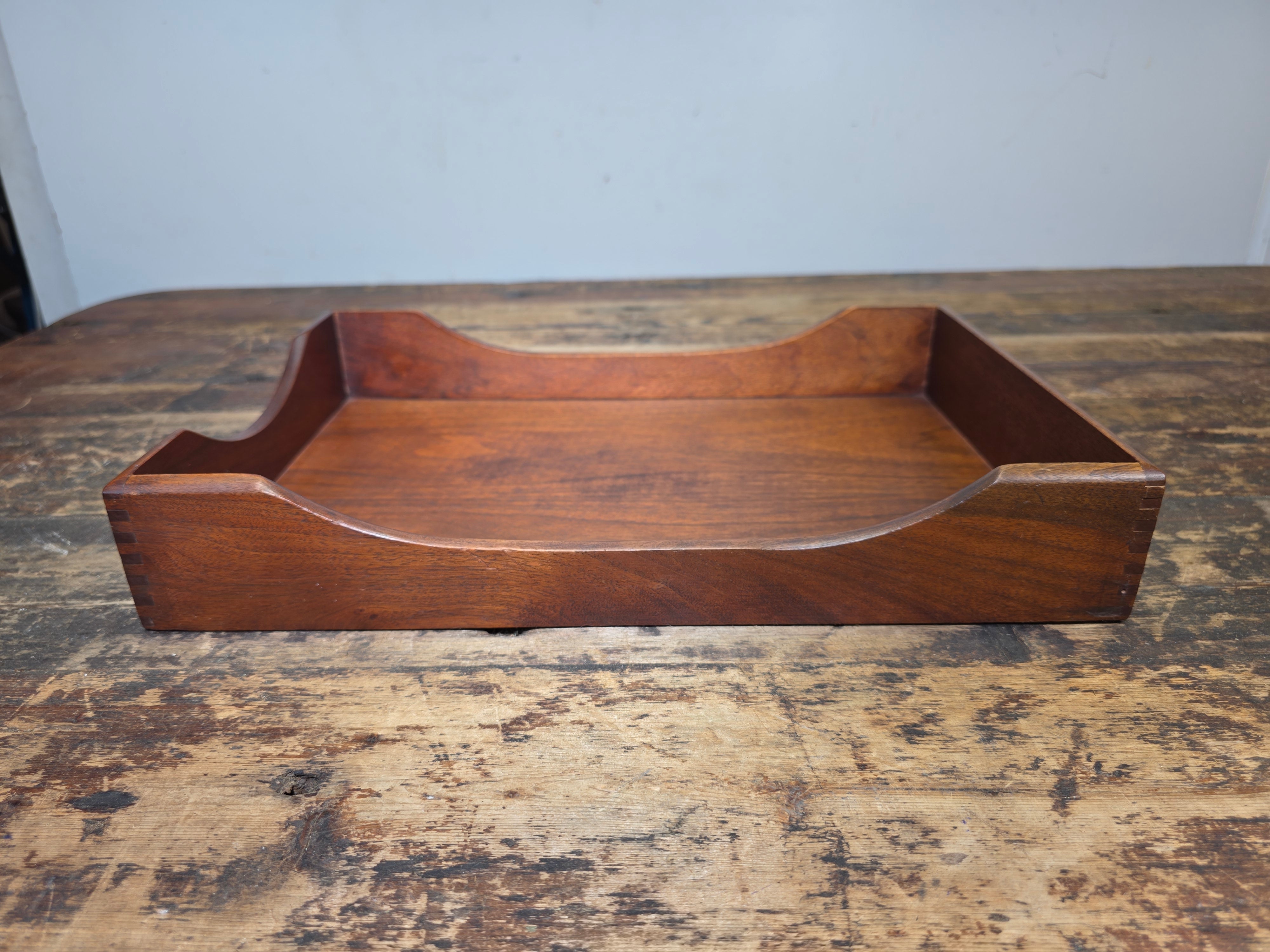 Vintage Walnut Wood Letter Tray MCM Dovetail Joint Scalloped Desk 1960s