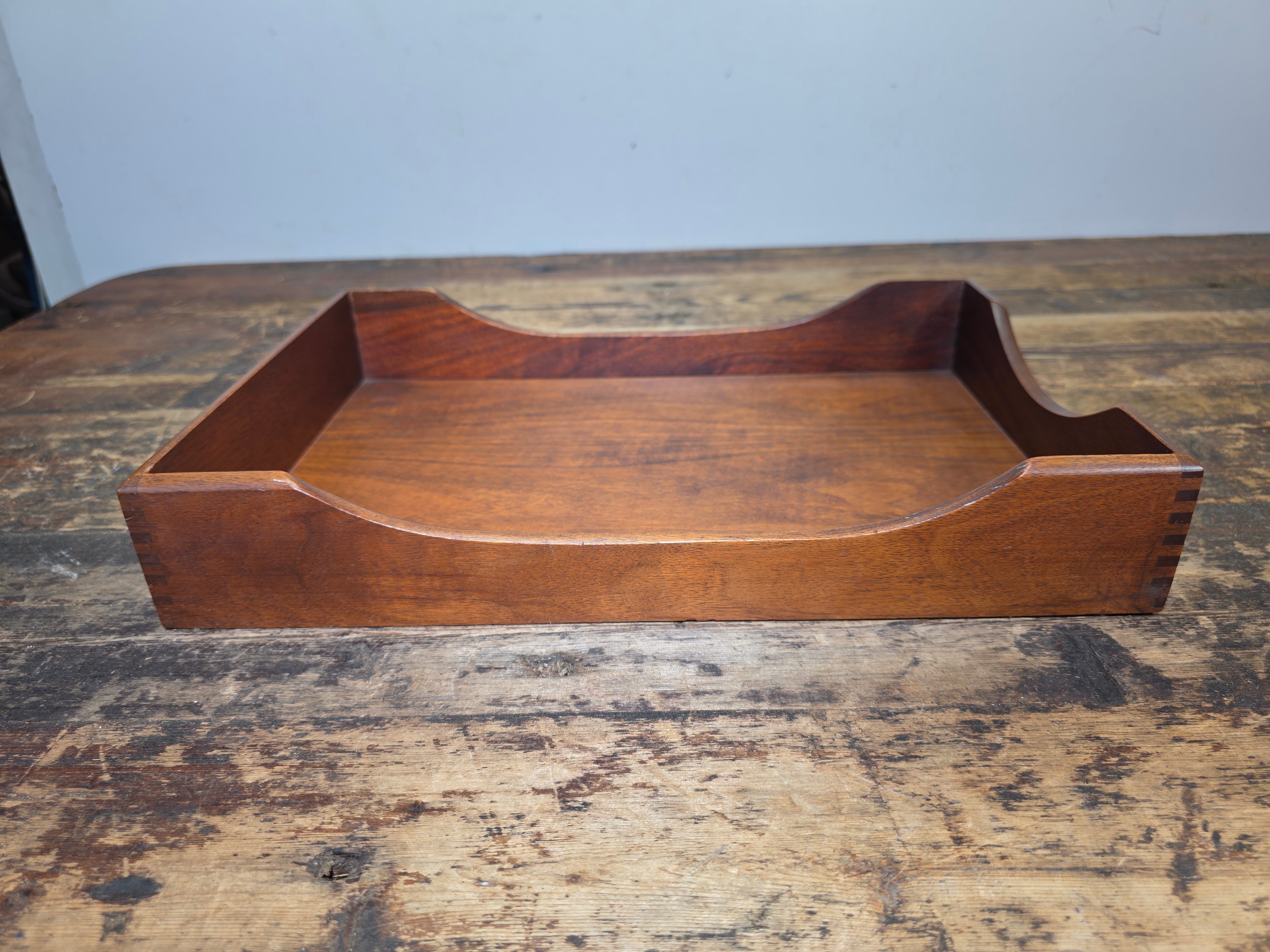 Vintage Walnut Wood Letter Tray MCM Dovetail Joint Scalloped Desk 1960s