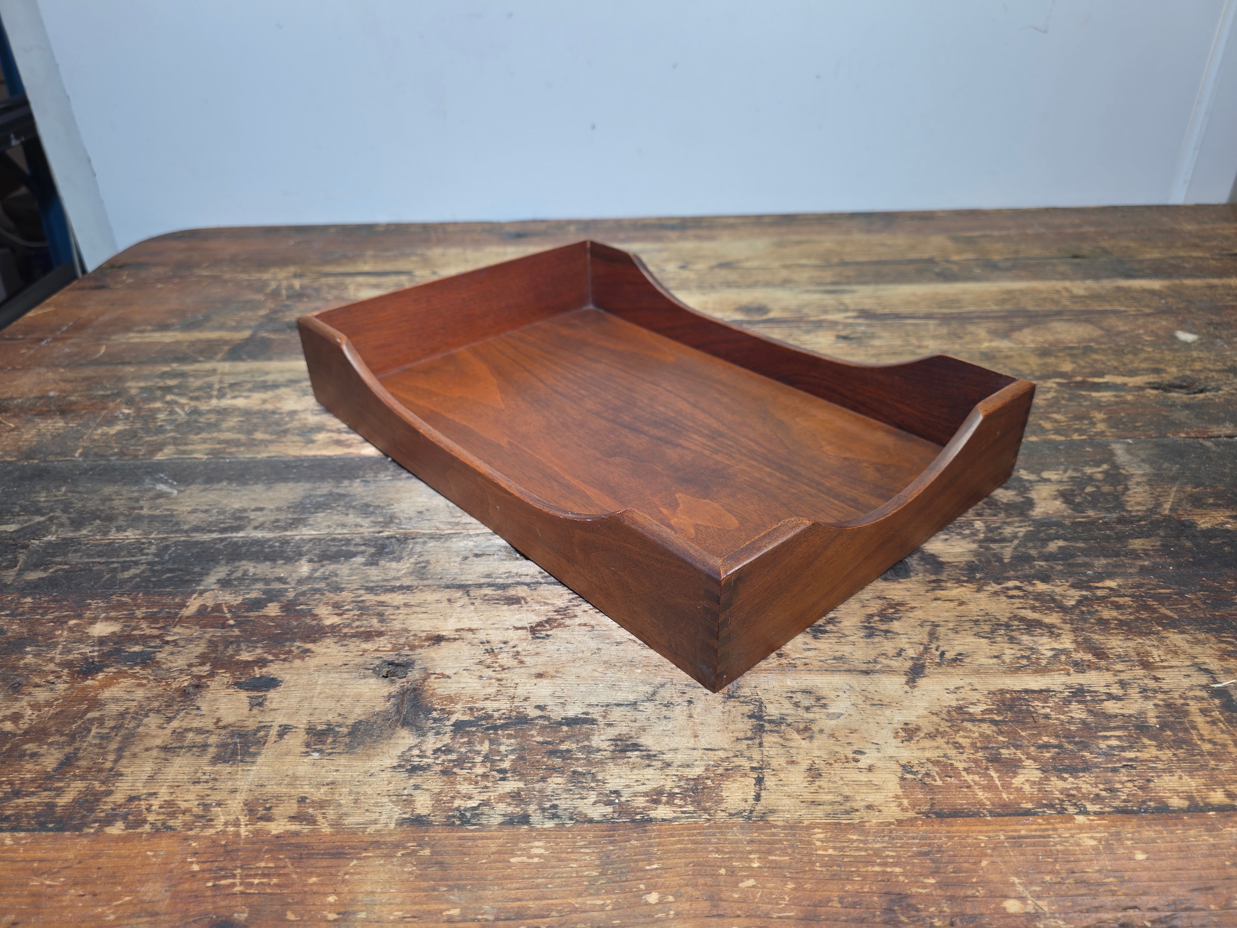 Vintage Walnut Wood Letter Tray MCM Dovetail Joint Scalloped Desk 1960s