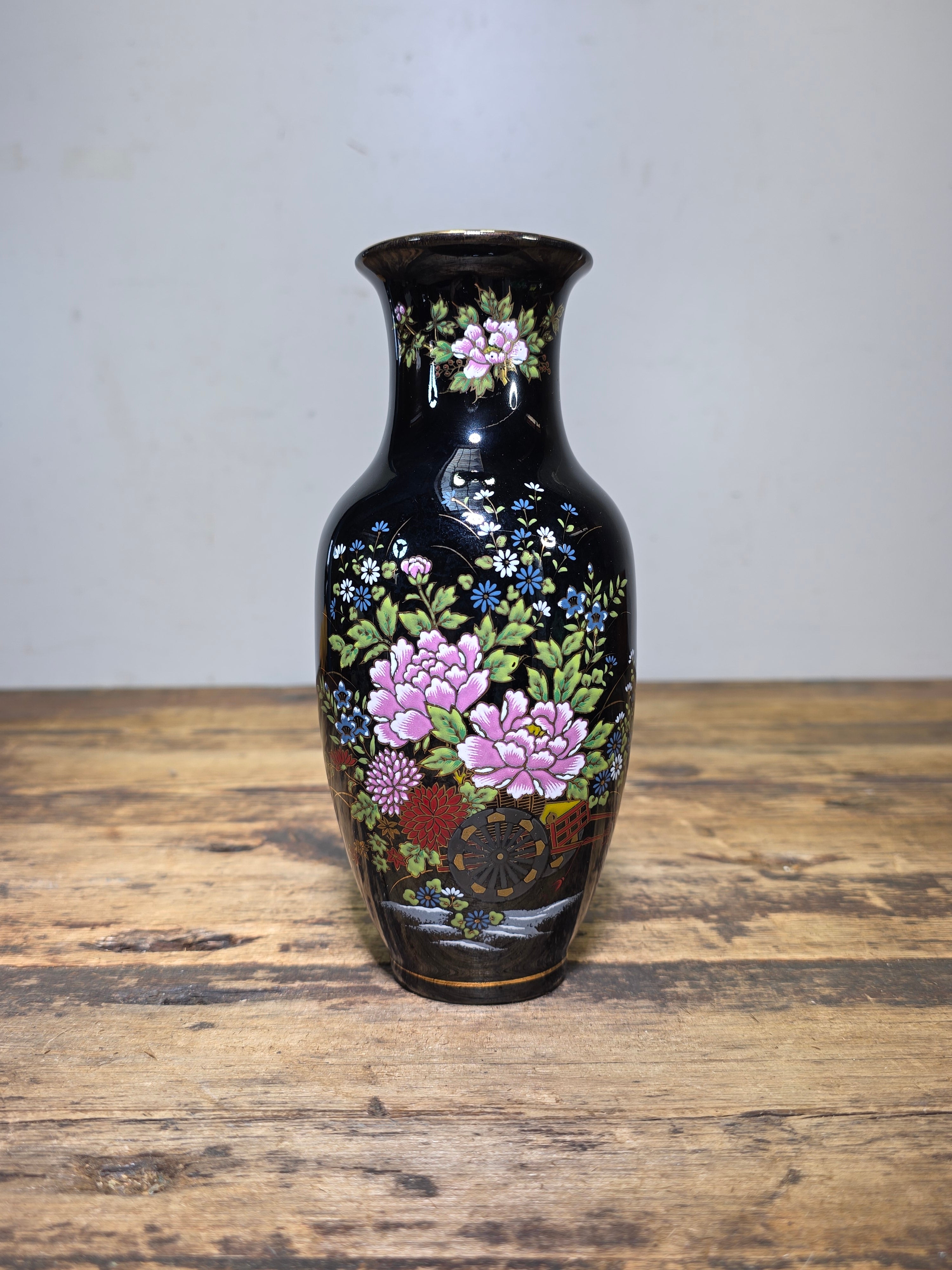 Vintage Imperial Kutani Black Gold Flower Vase Peony Cart Motif Japan Porcelain