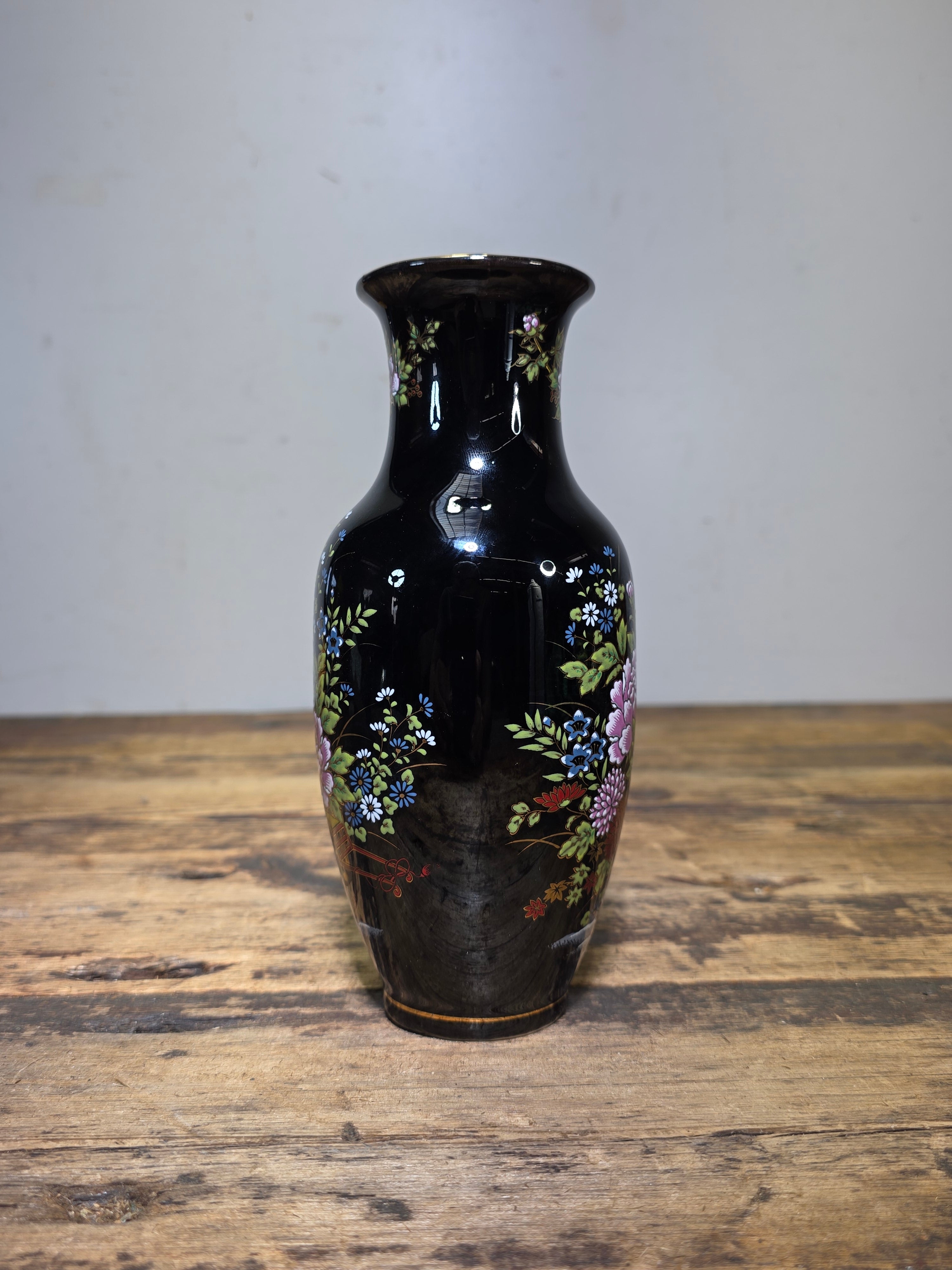 Vintage Imperial Kutani Black Gold Flower Vase Peony Cart Motif Japan Porcelain