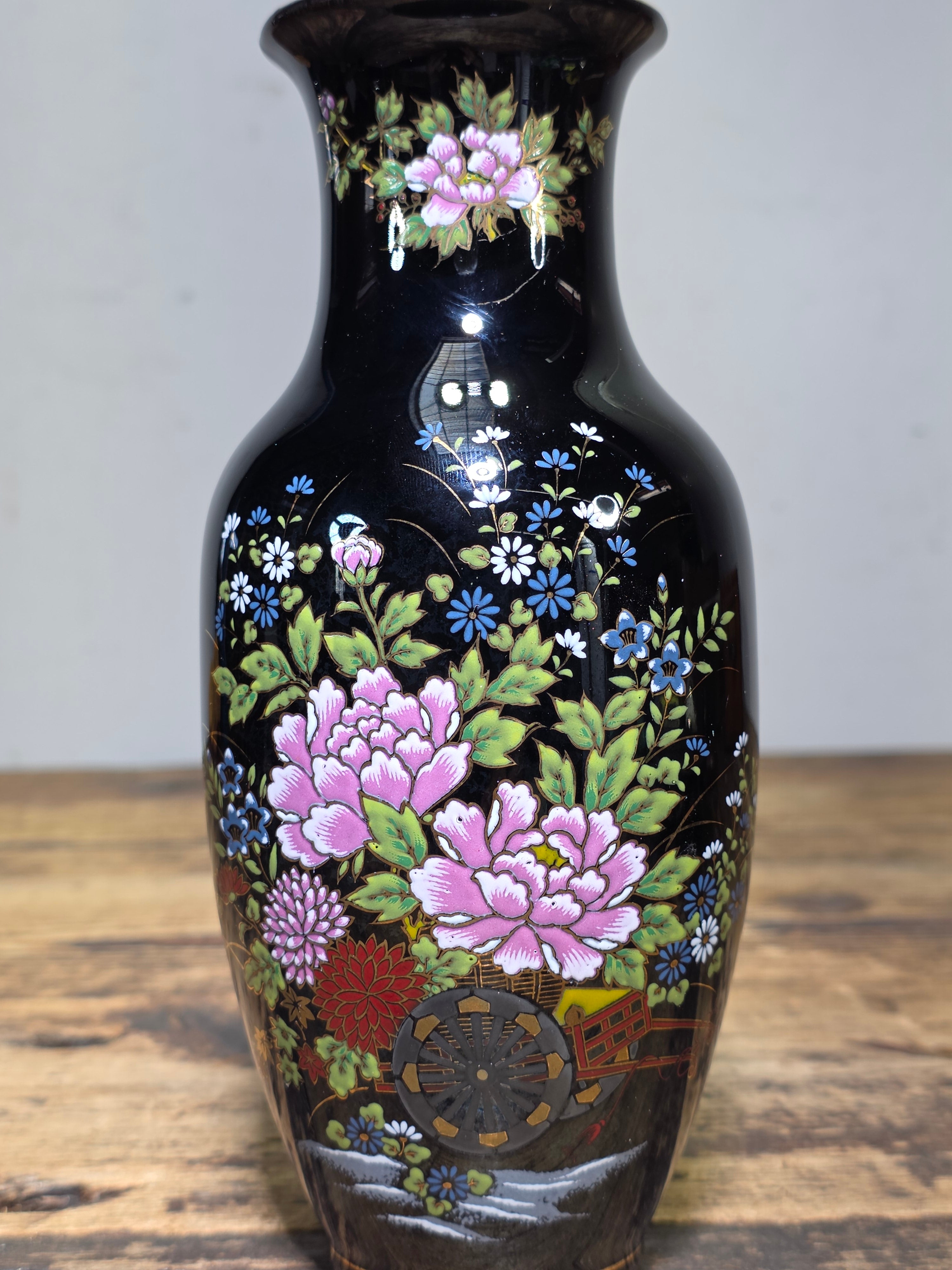 Vintage Imperial Kutani Black Gold Flower Vase Peony Cart Motif Japan Porcelain