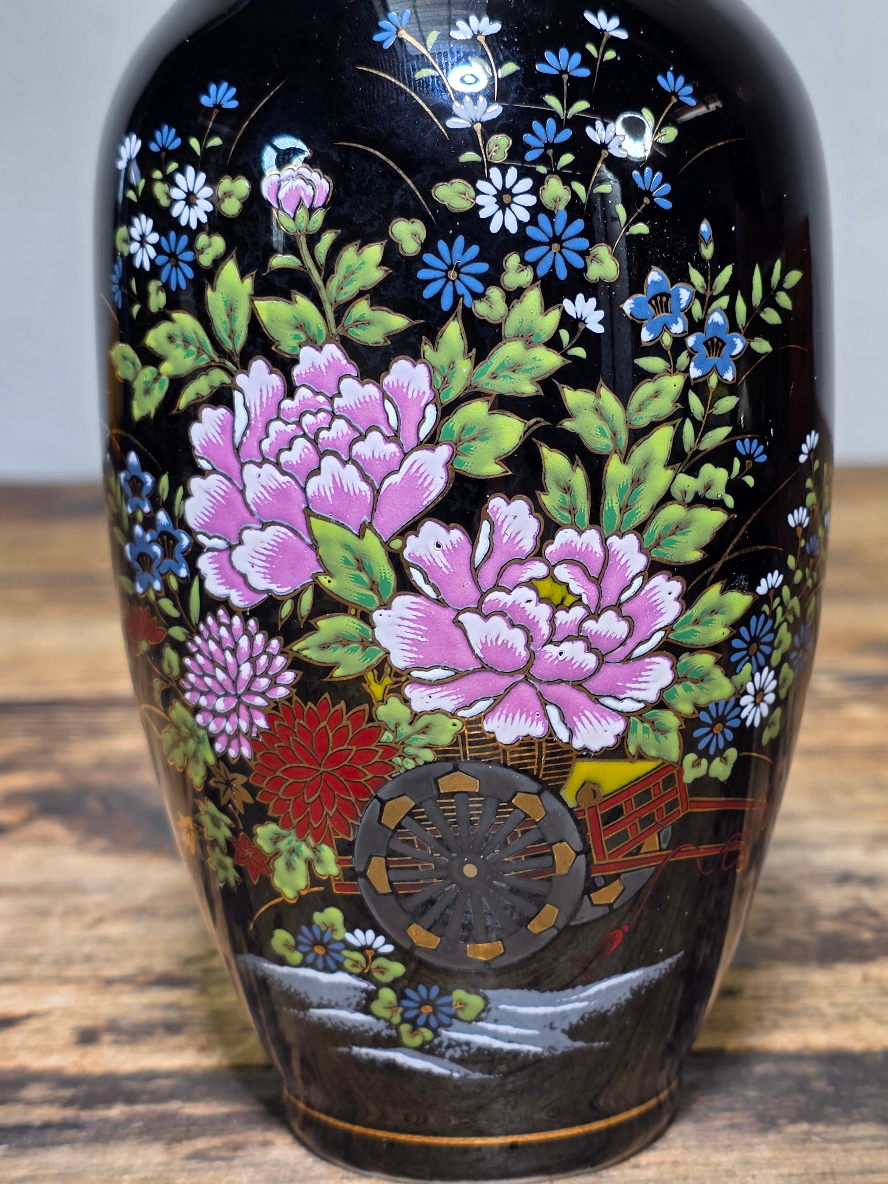 Vintage Imperial Kutani Black Gold Flower Vase Peony Cart Motif Japan Porcelain