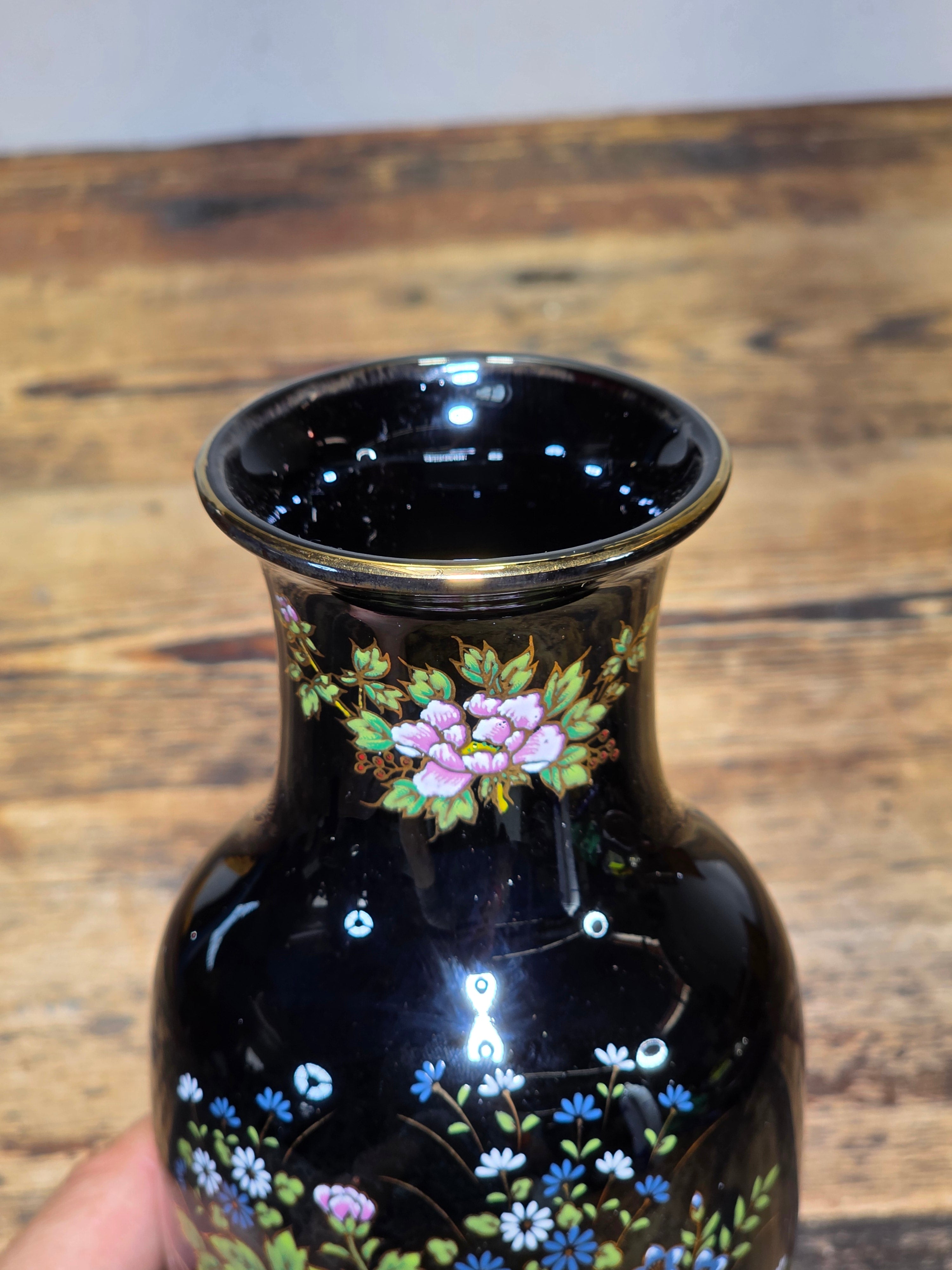 Vintage Imperial Kutani Black Gold Flower Vase Peony Cart Motif Japan Porcelain