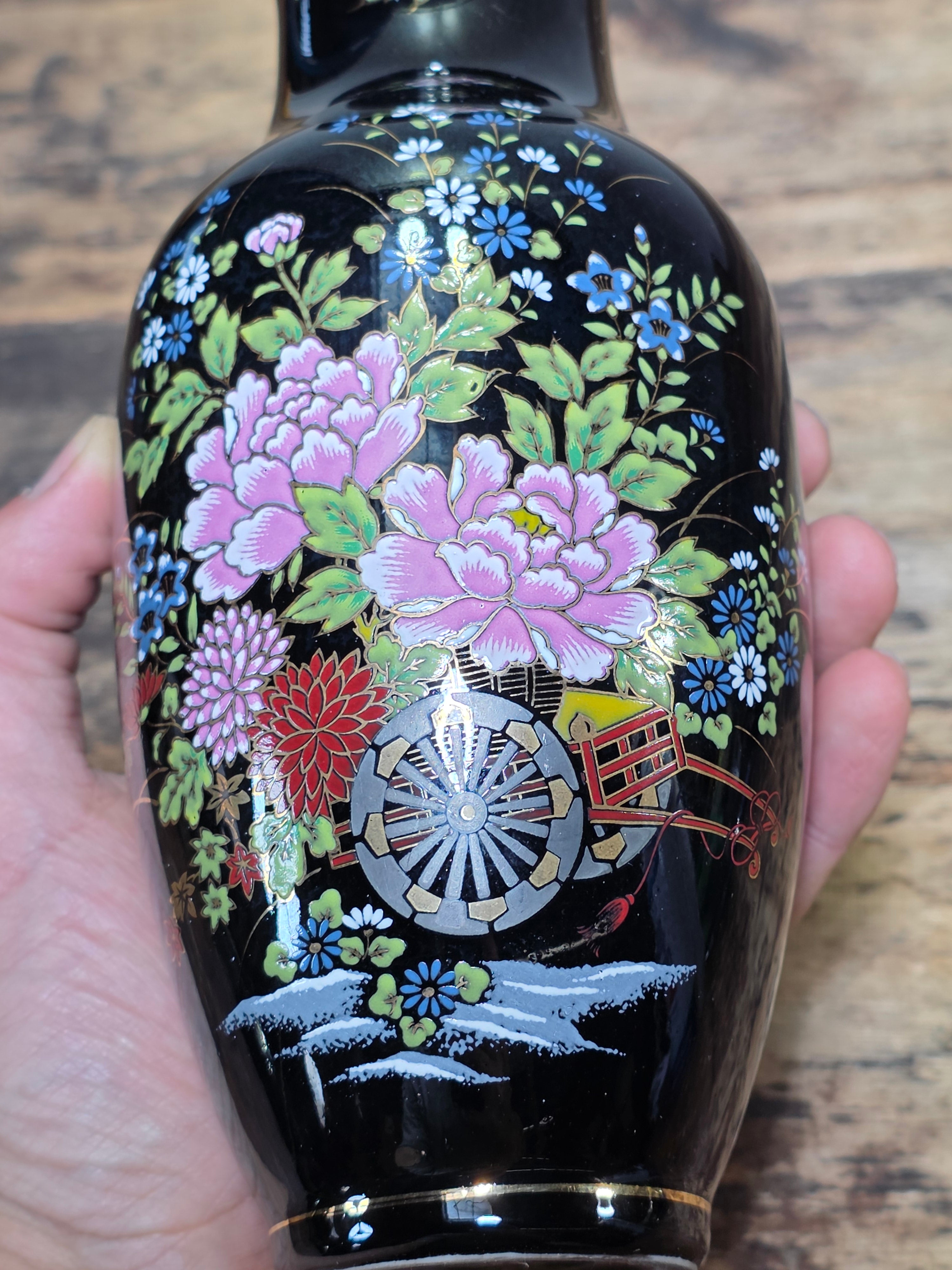 Vintage Imperial Kutani Black Gold Flower Vase Peony Cart Motif Japan Porcelain