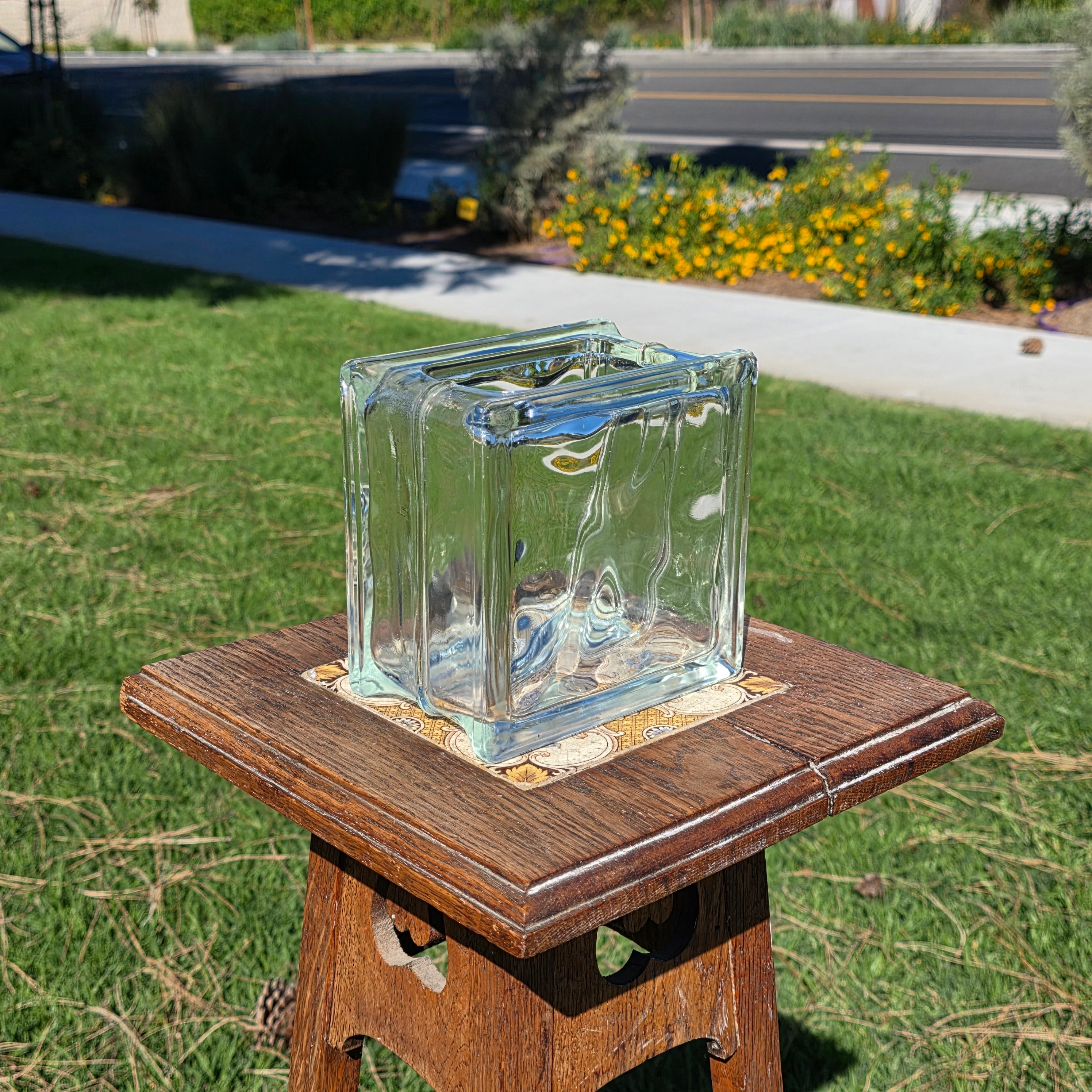 Vintage Glass Block Planter Vase Terrarium Mid Century Modern MCM Industrial 6"