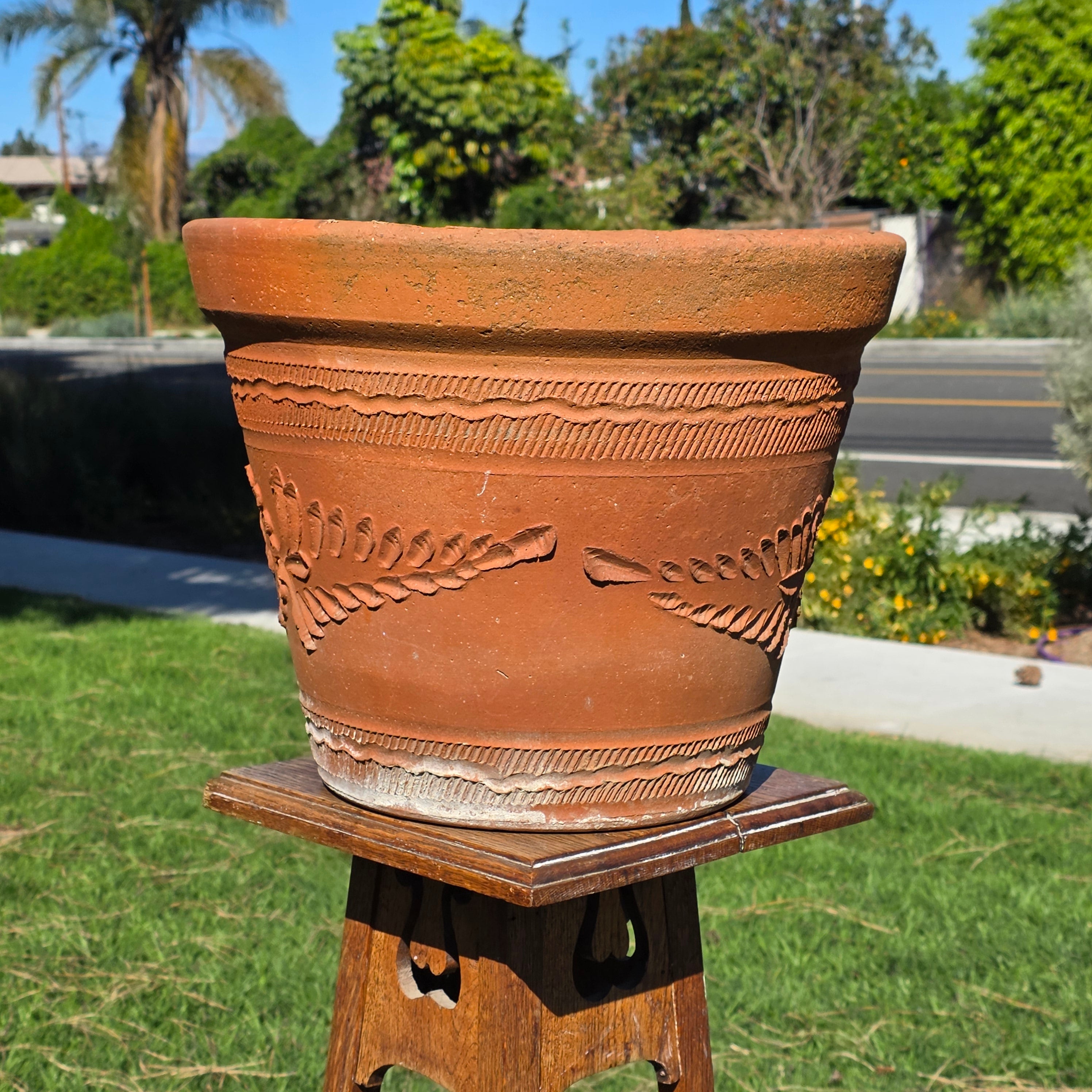 Vintage Mexican Terracotta Planter Large 15" Boho Sun Flower Relief Garden Pot