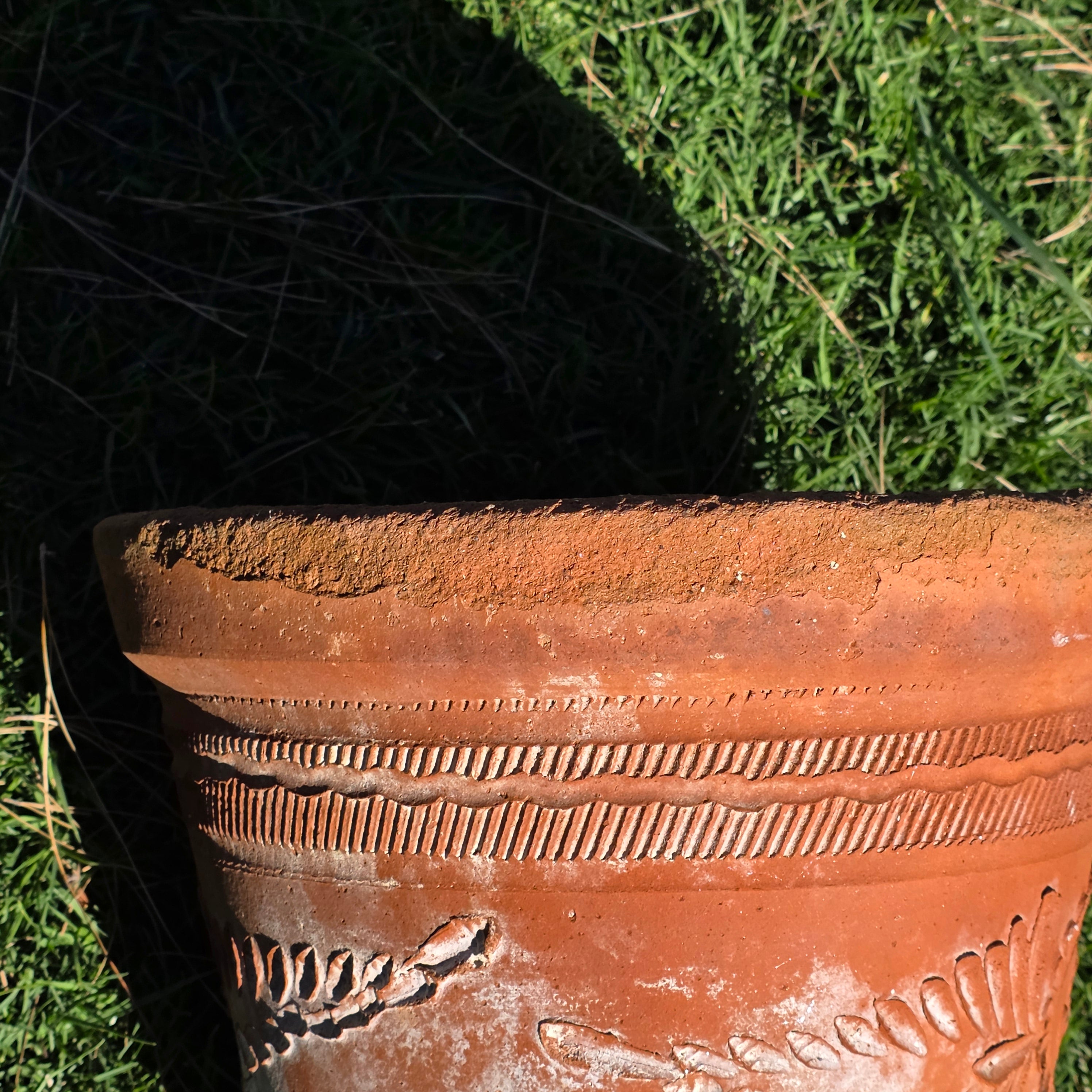Vintage Mexican Terracotta Planter Large 15" Boho Sun Flower Relief Garden Pot
