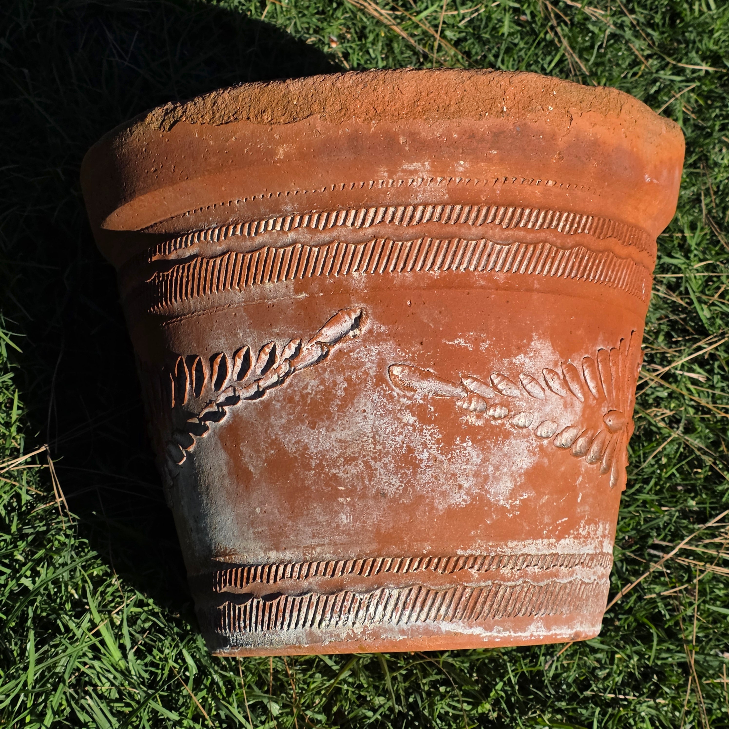 Vintage Mexican Terracotta Planter Large 15" Boho Sun Flower Relief Garden Pot