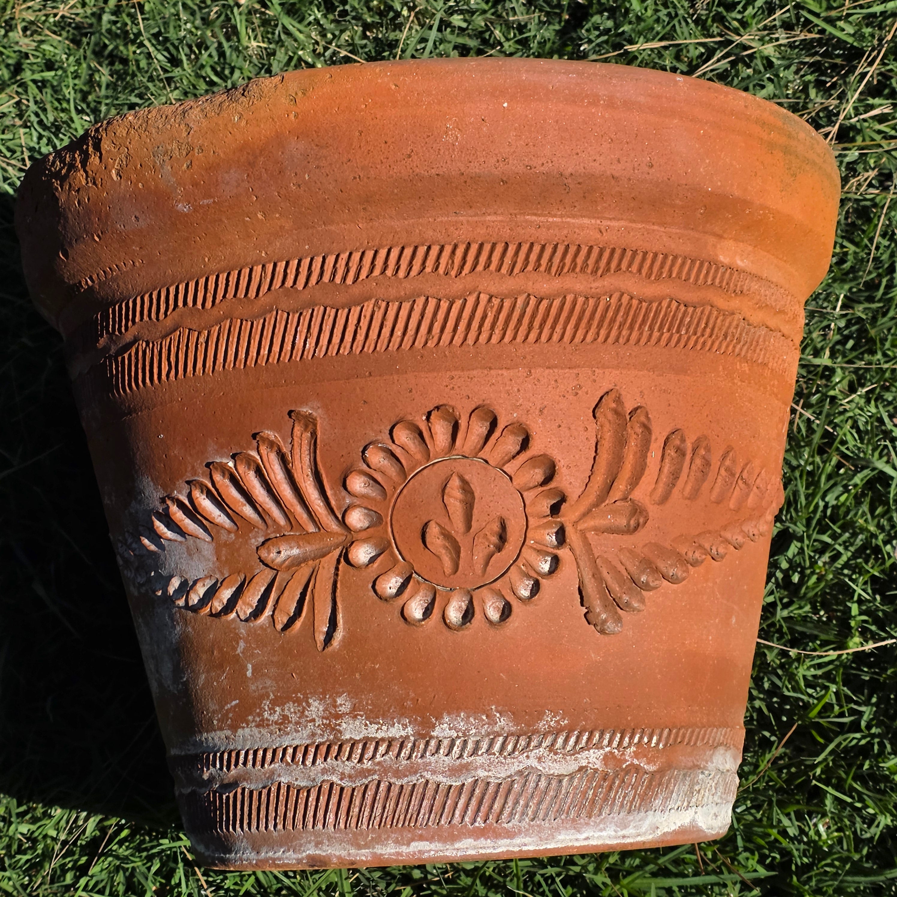 Vintage Mexican Terracotta Planter Large 15" Boho Sun Flower Relief Garden Pot
