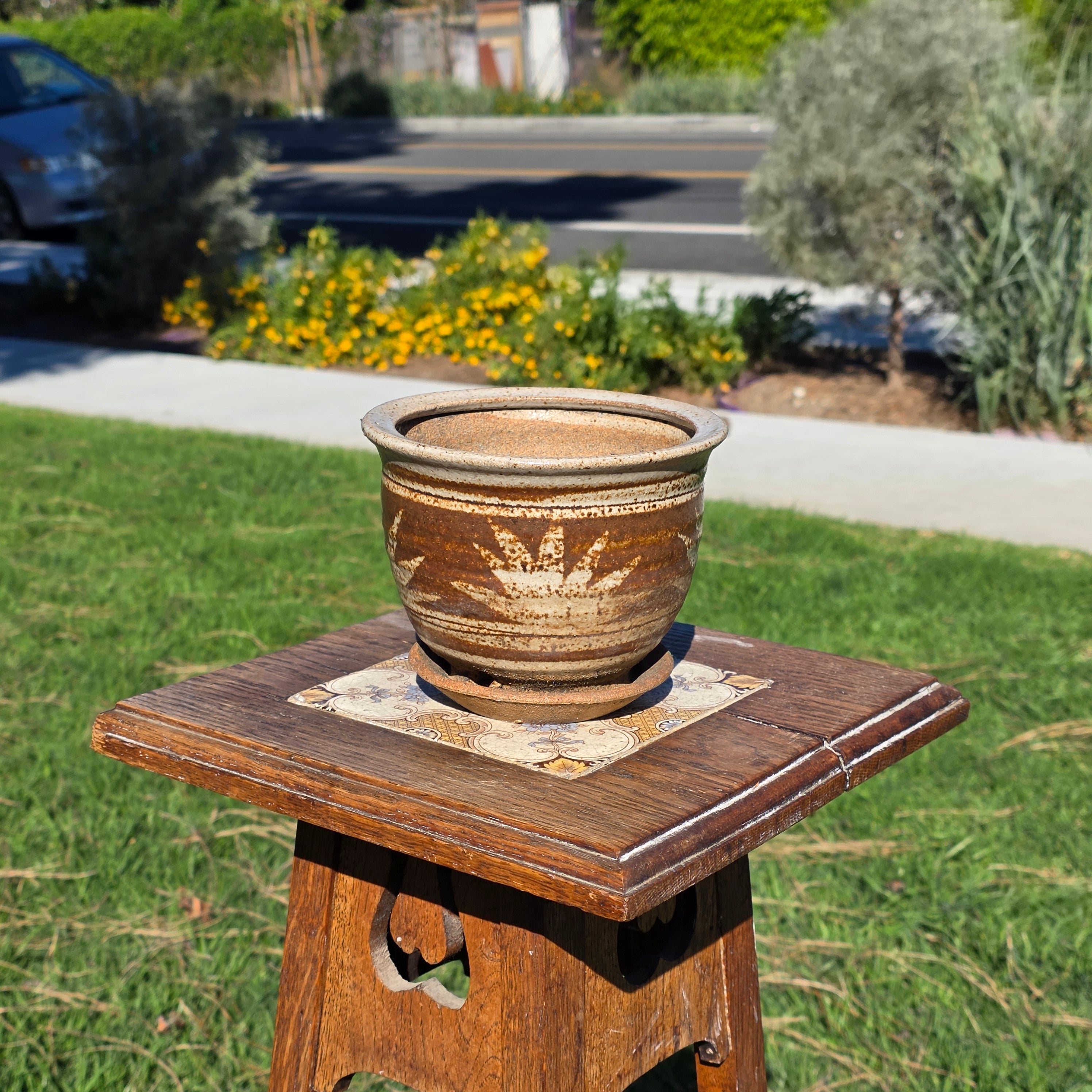 Vintage Studio Pottery Planter Glazed Stoneware MCM Brown Sun Leaf Design 6"