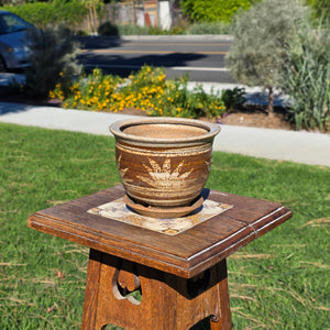 Vintage Studio Pottery Planter Glazed Stoneware MCM Brown Sun Leaf Design 6"