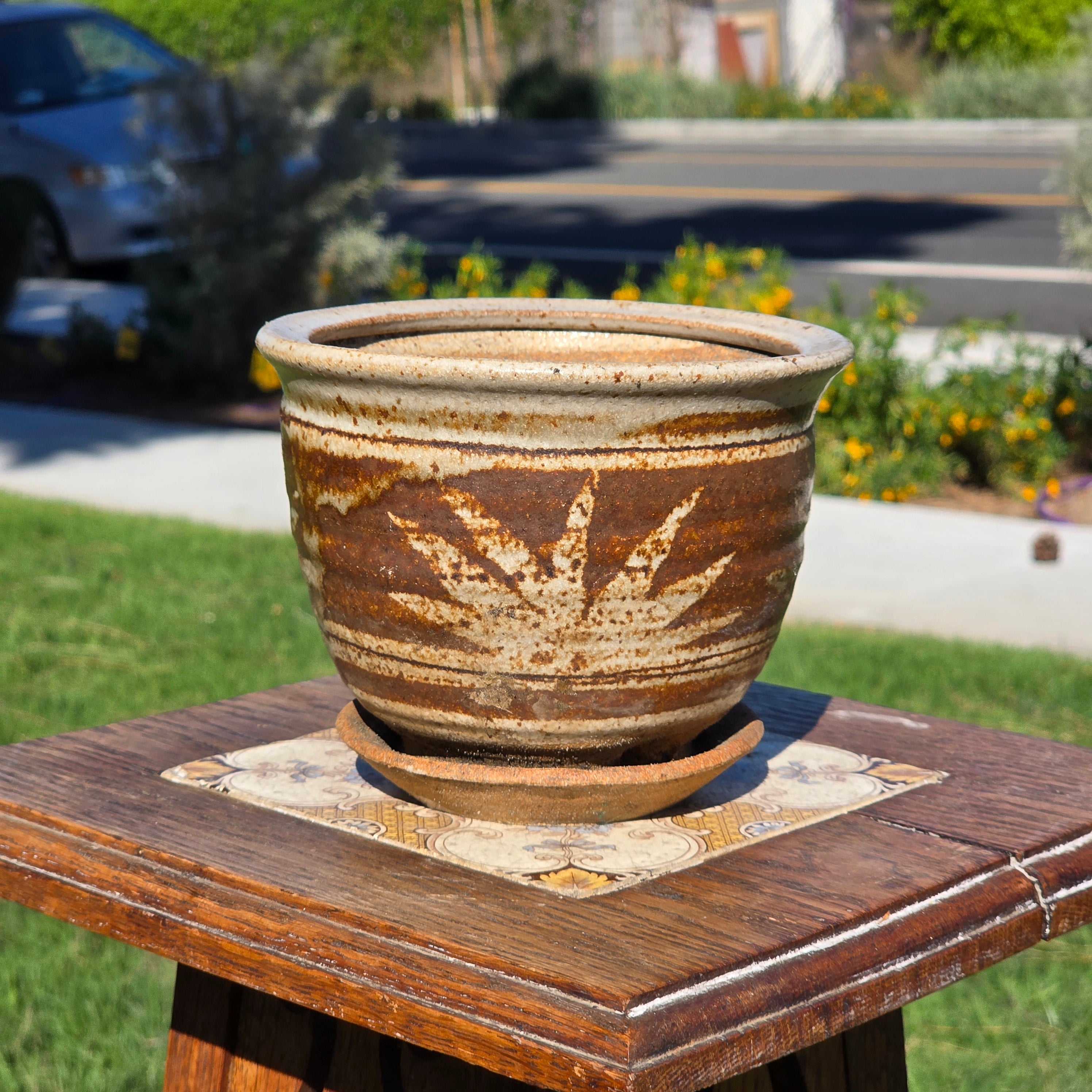 Vintage Studio Pottery Planter Glazed Stoneware MCM Brown Sun Leaf Design 6"