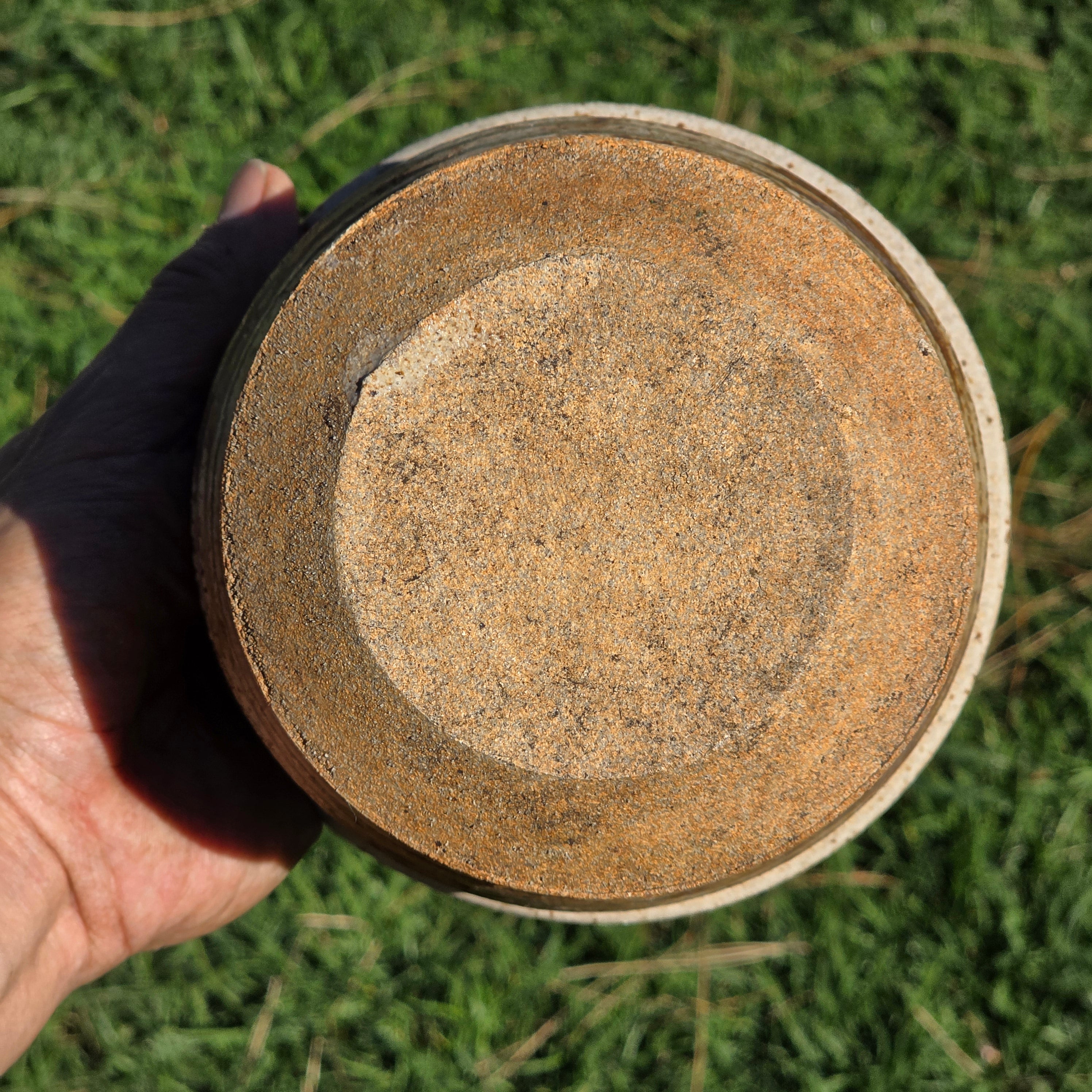 Vintage Studio Pottery Planter Glazed Stoneware MCM Brown Sun Leaf Design 6"