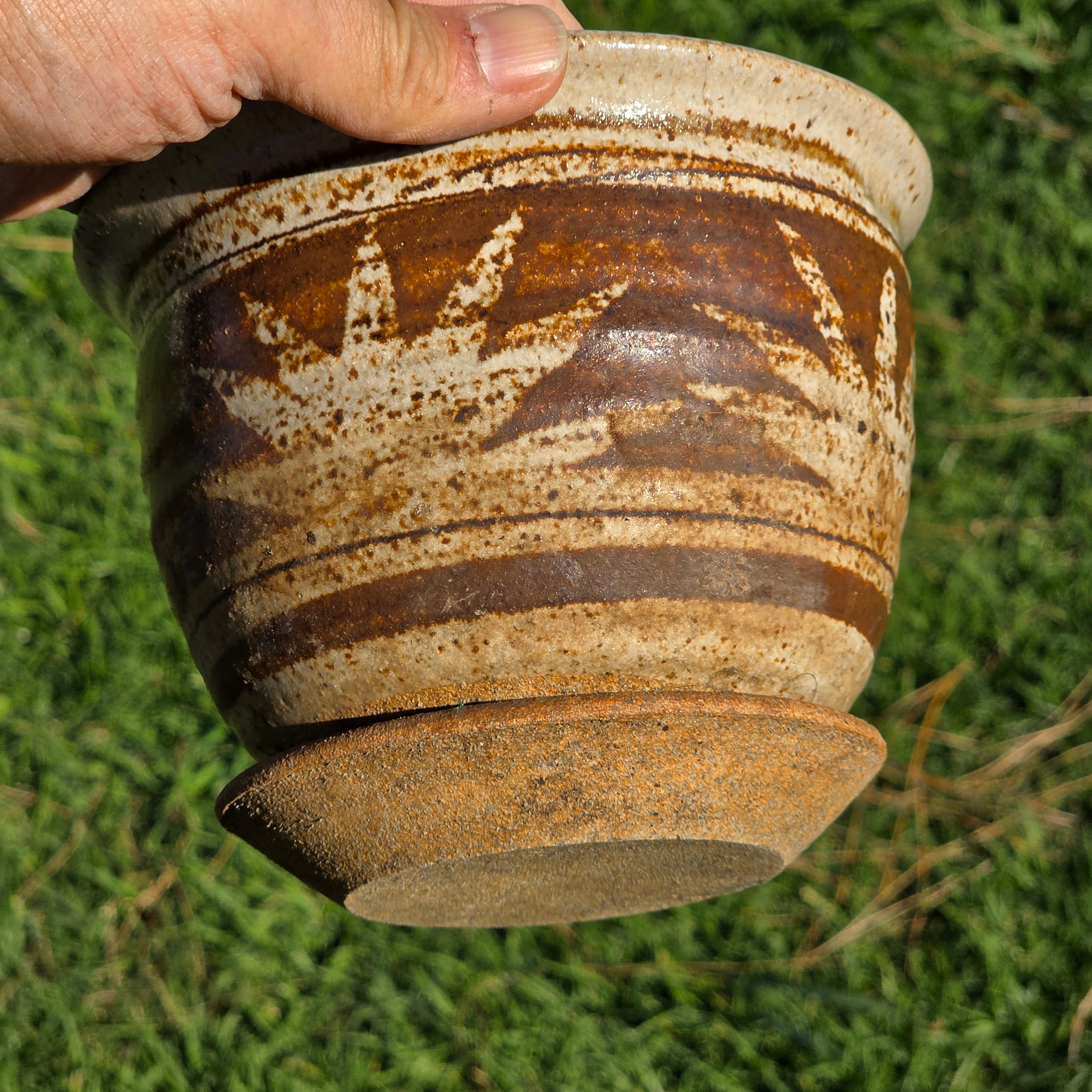 Vintage Studio Pottery Planter Glazed Stoneware MCM Brown Sun Leaf Design 6"