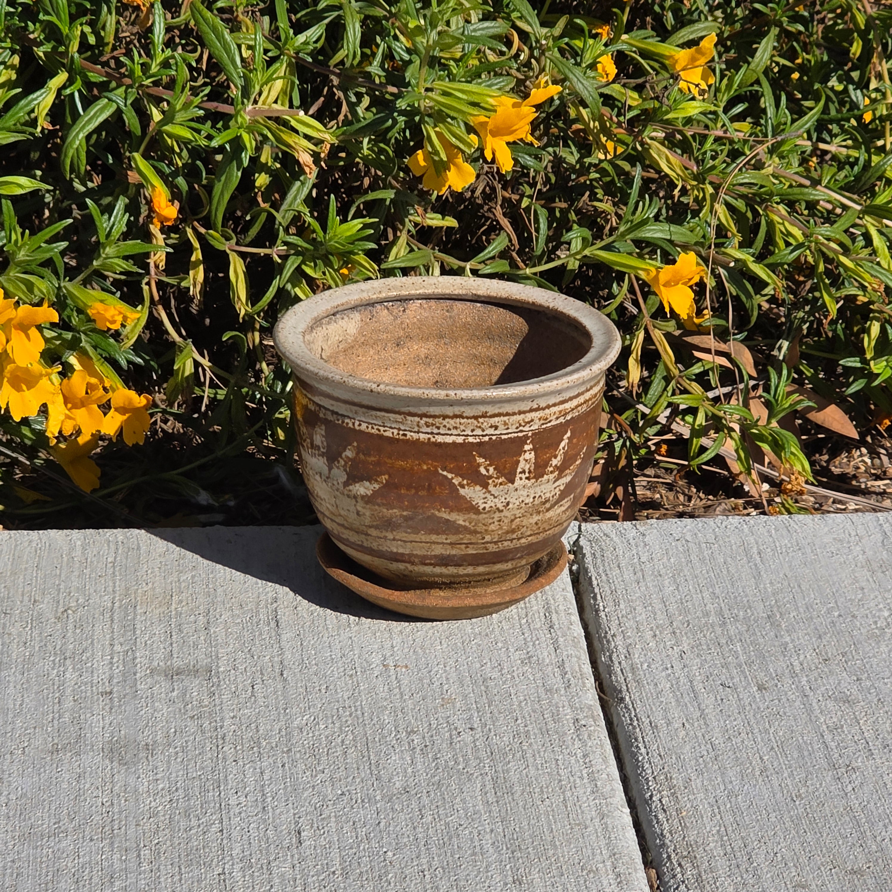 Vintage Studio Pottery Planter Glazed Stoneware MCM Brown Sun Leaf Design 6"