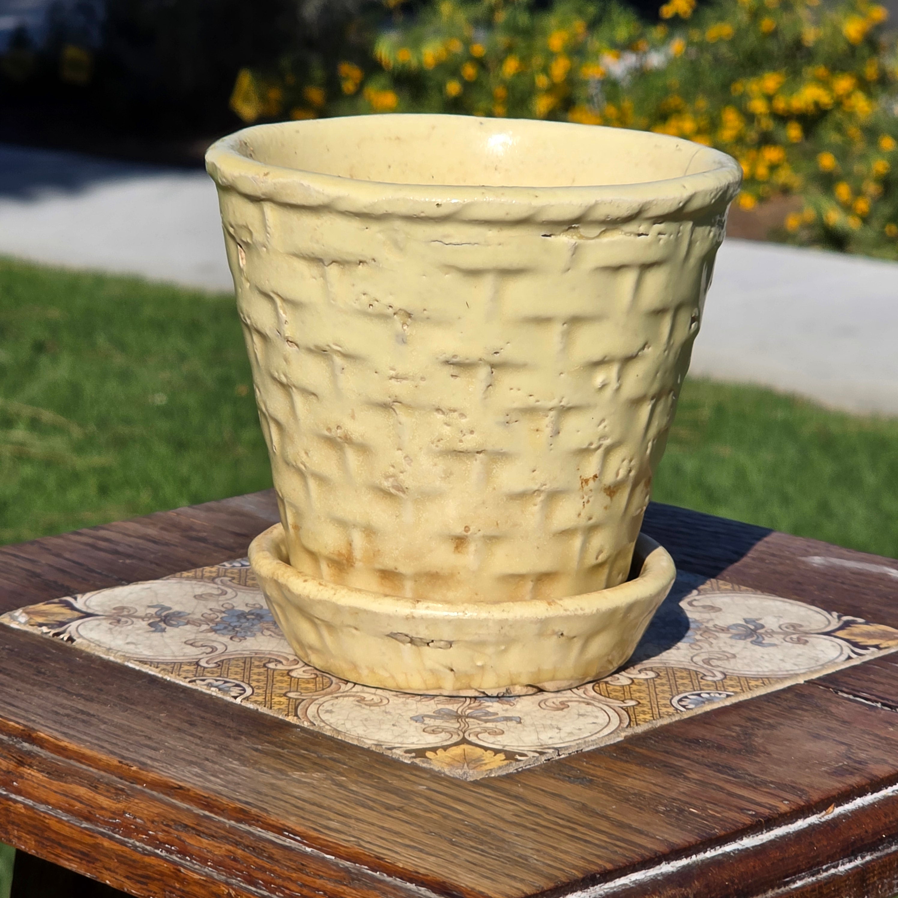 Vintage Yellow Basket Weave Planter Ceramic Pot AS-IS Damage Crack Shabby Chic
