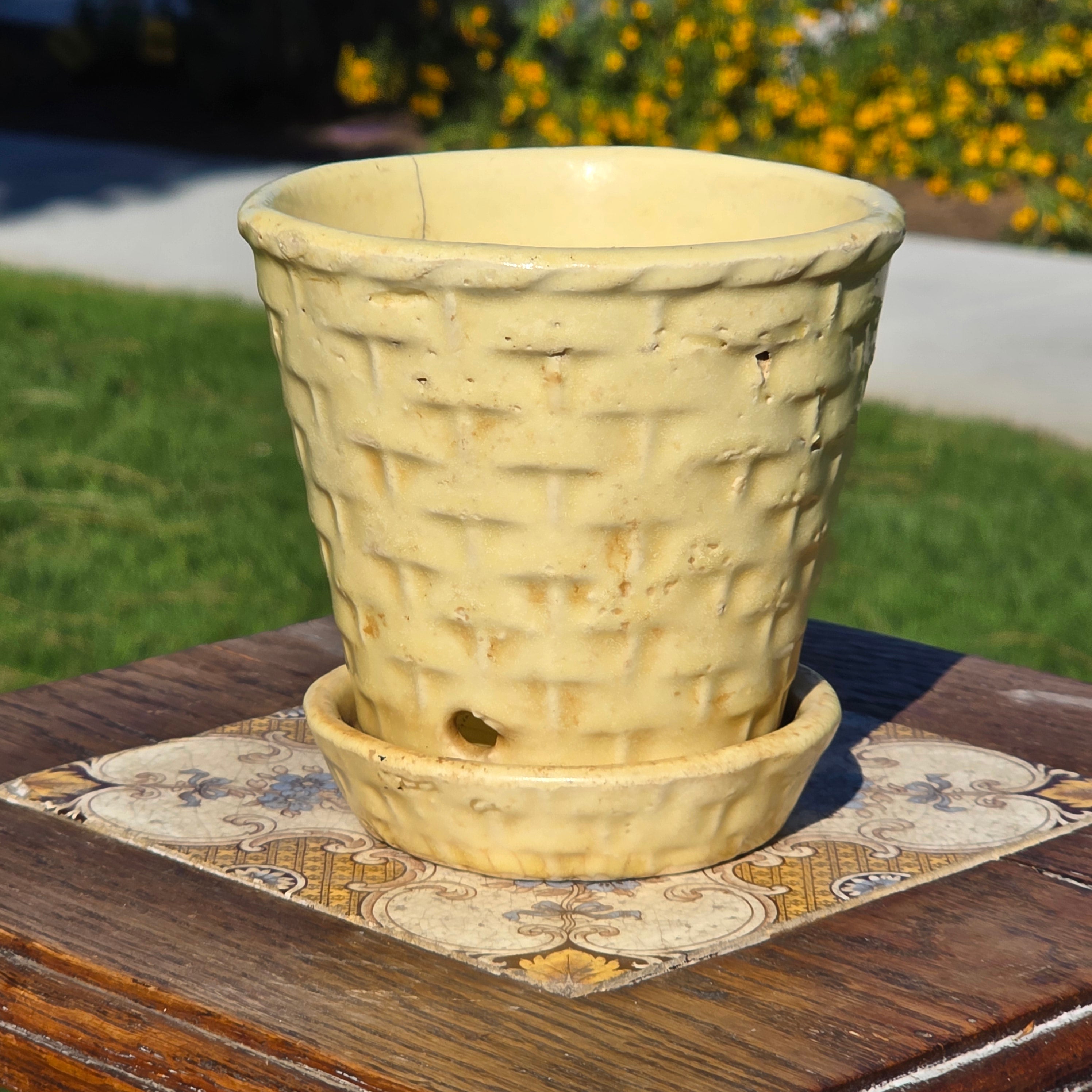 Vintage Yellow Basket Weave Planter Ceramic Pot AS-IS Damage Crack Shabby Chic