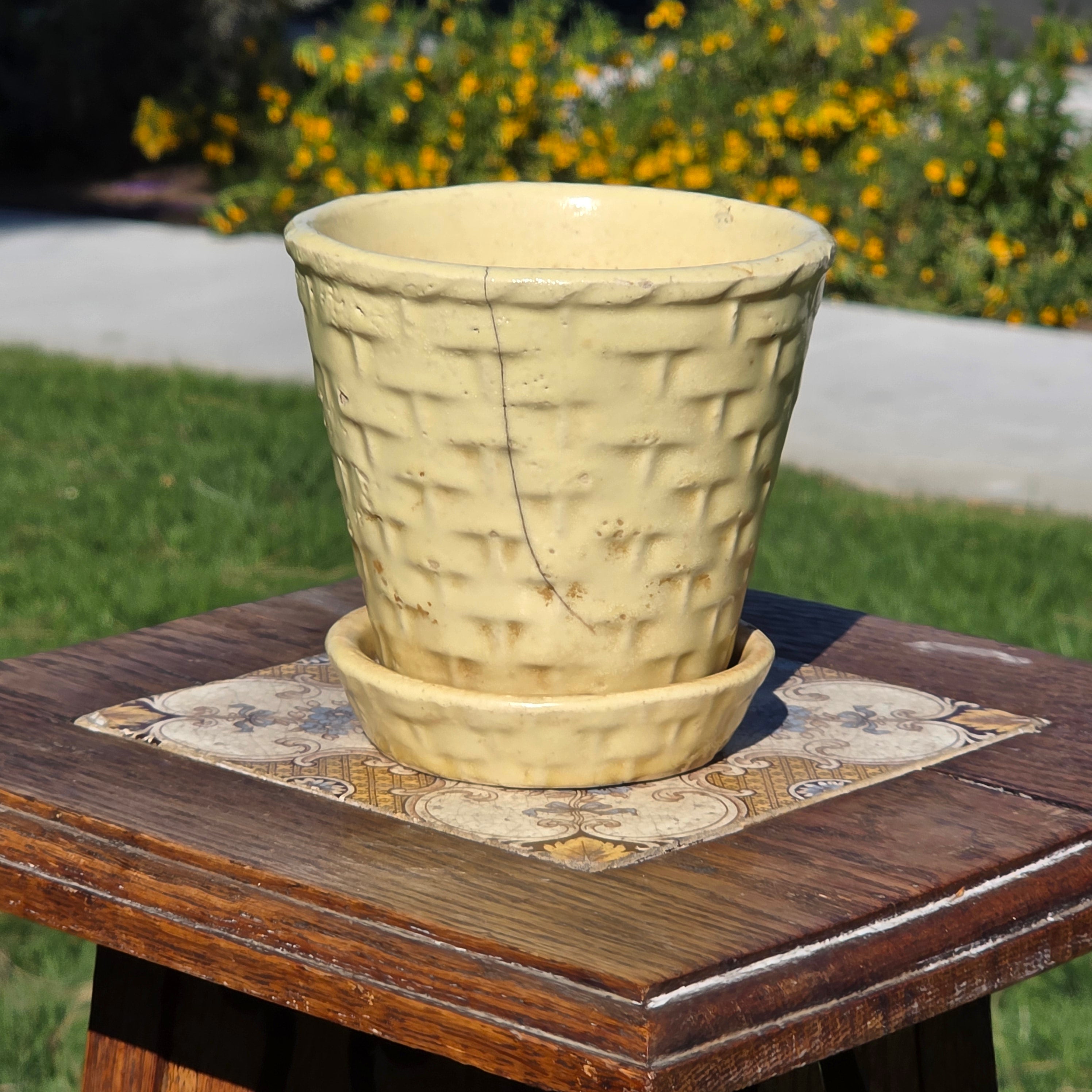 Vintage Yellow Basket Weave Planter Ceramic Pot AS-IS Damage Crack Shabby Chic