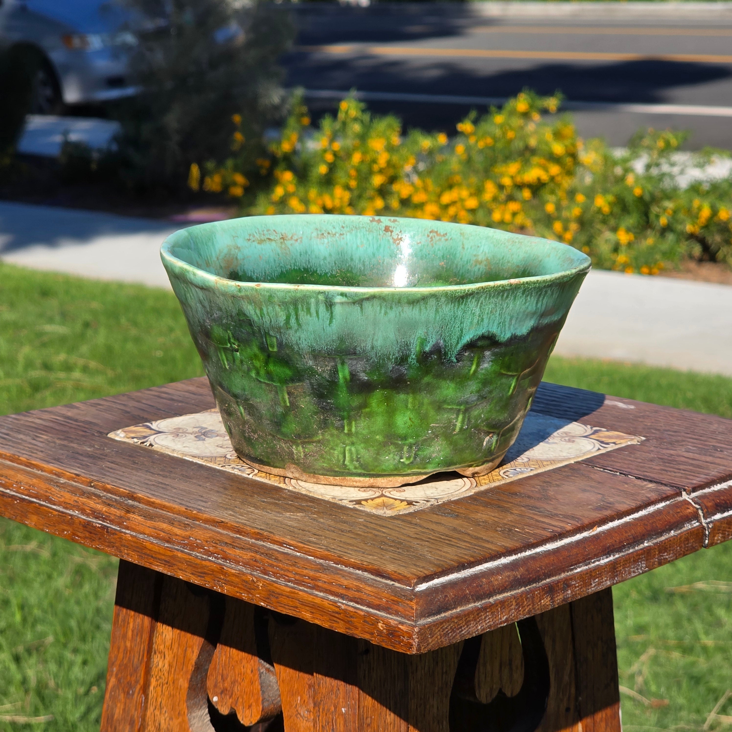 Vintage California Pottery Planter Green Drip Glaze Basket Weave UP-22 USA 6"