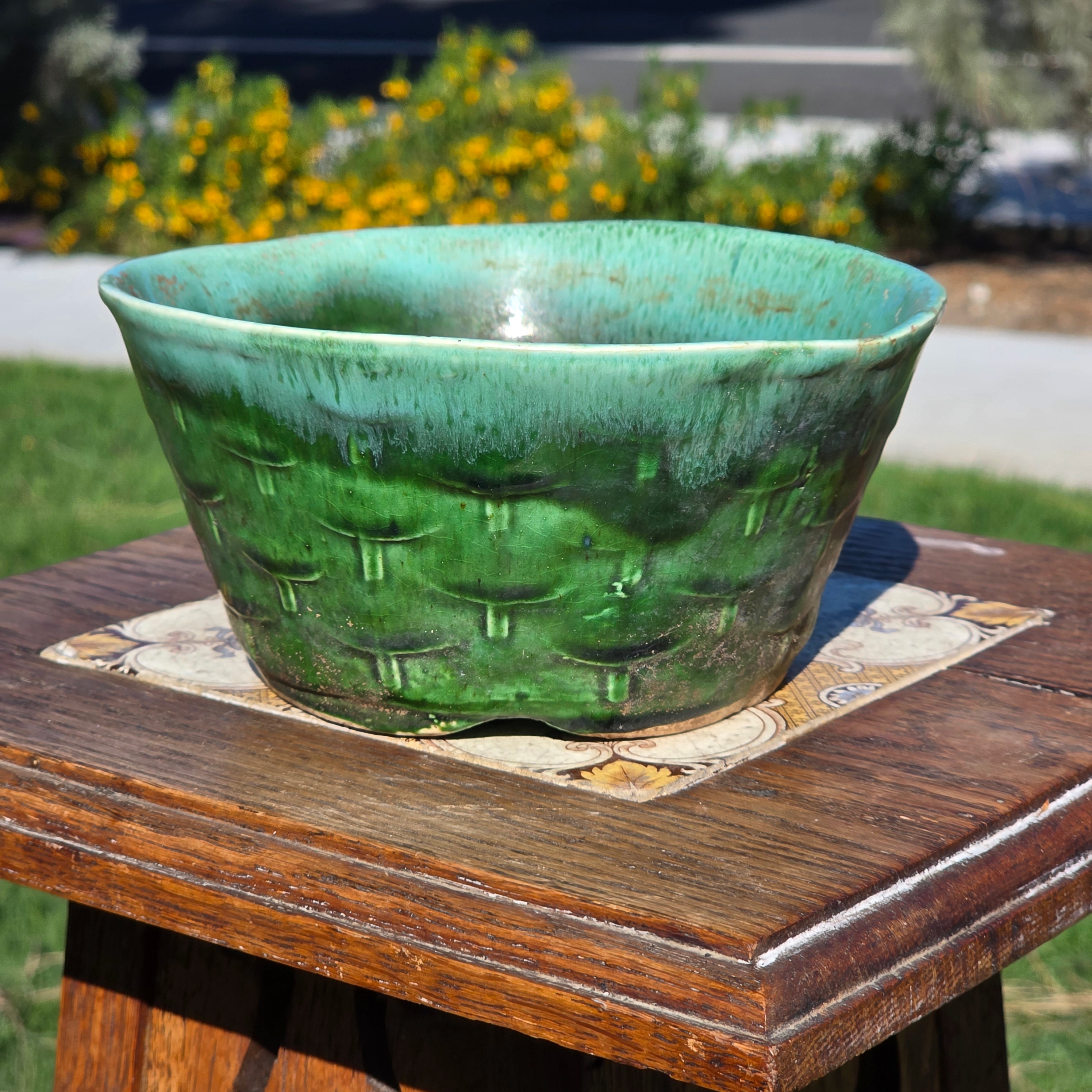 Vintage California Pottery Planter Green Drip Glaze Basket Weave UP-22 USA 6"