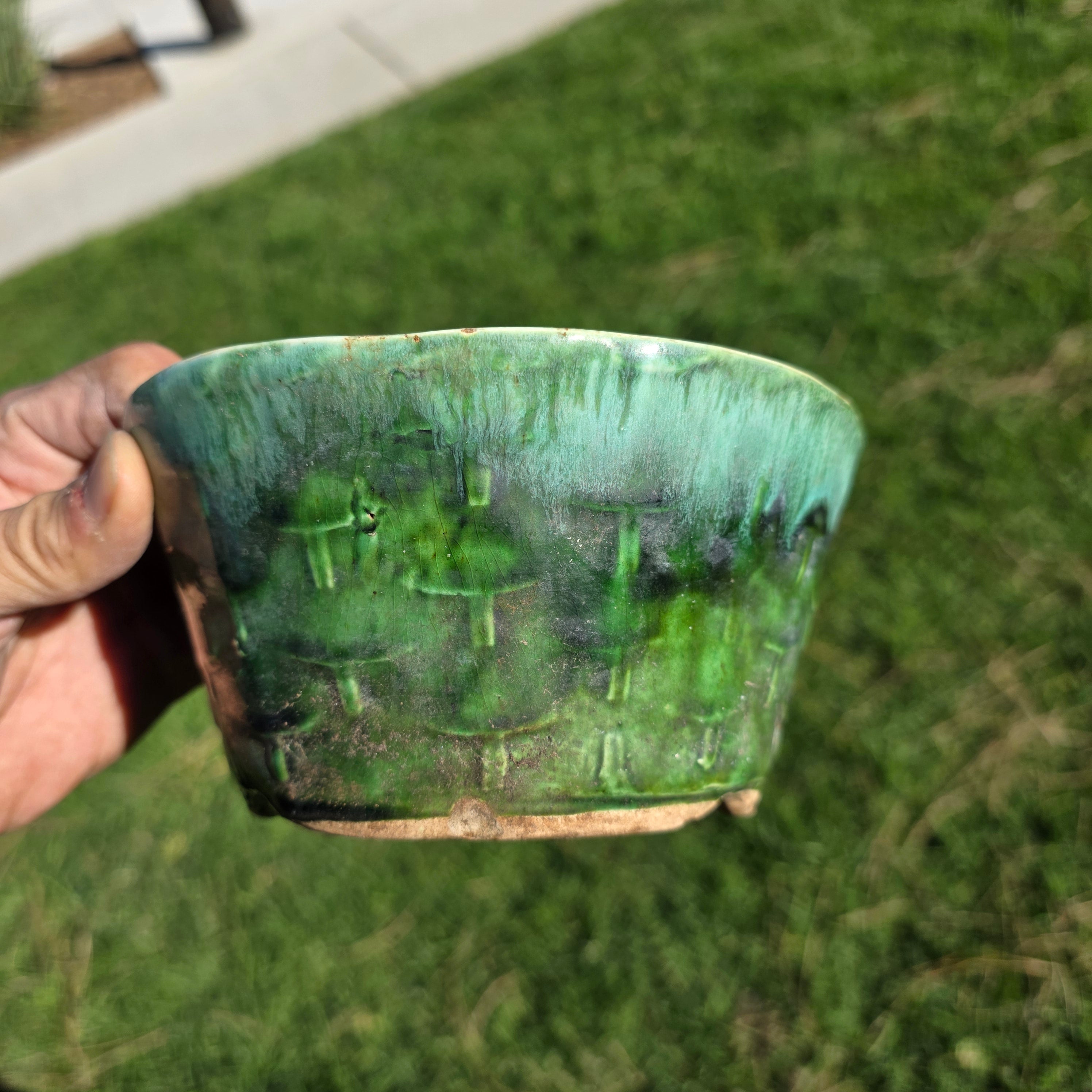 Vintage California Pottery Planter Green Drip Glaze Basket Weave UP-22 USA 6"