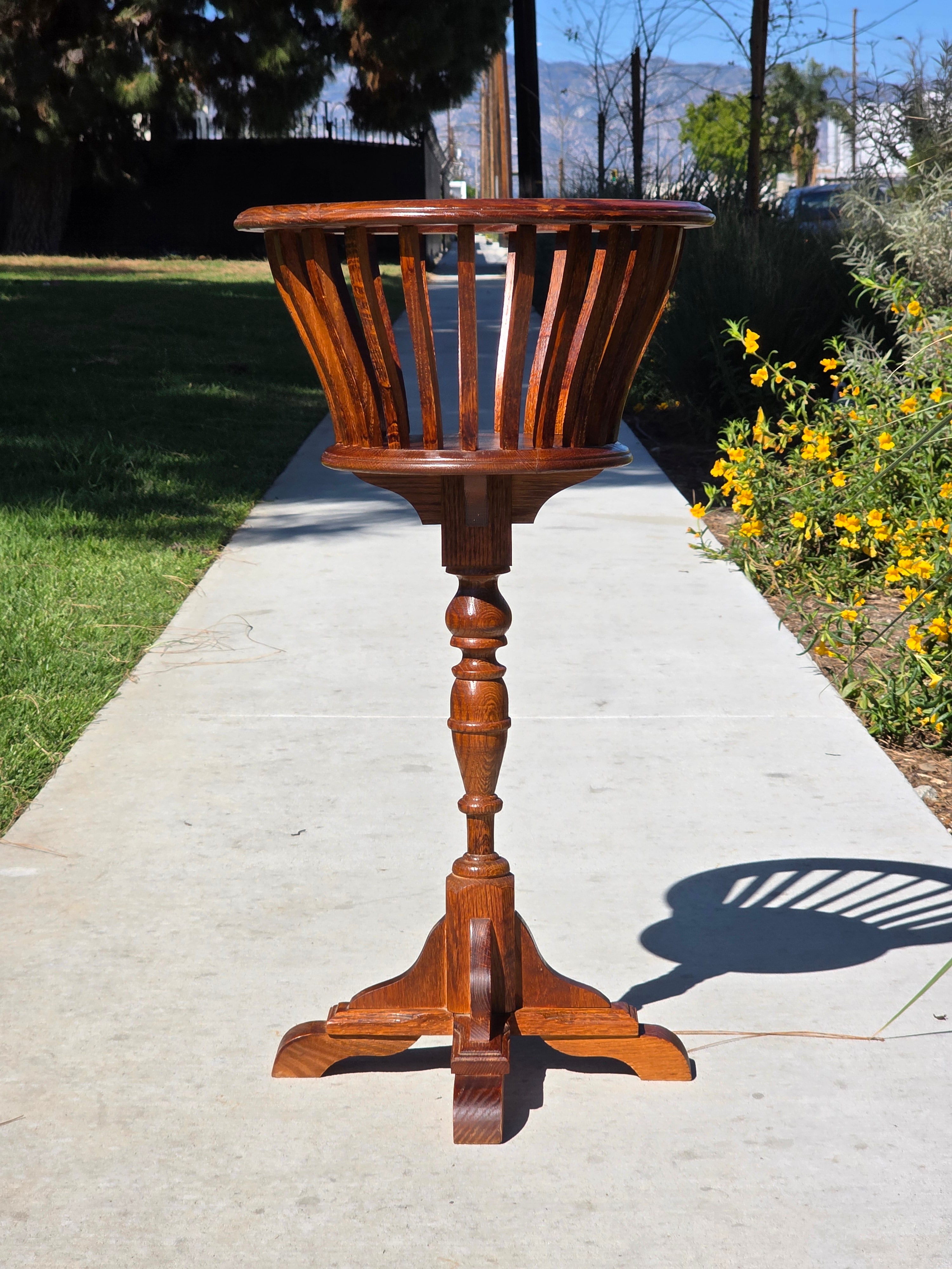 Vintage MCM Oak Wood Planter Stand Basket Turned Leg Pedestal Made in Canada 31"