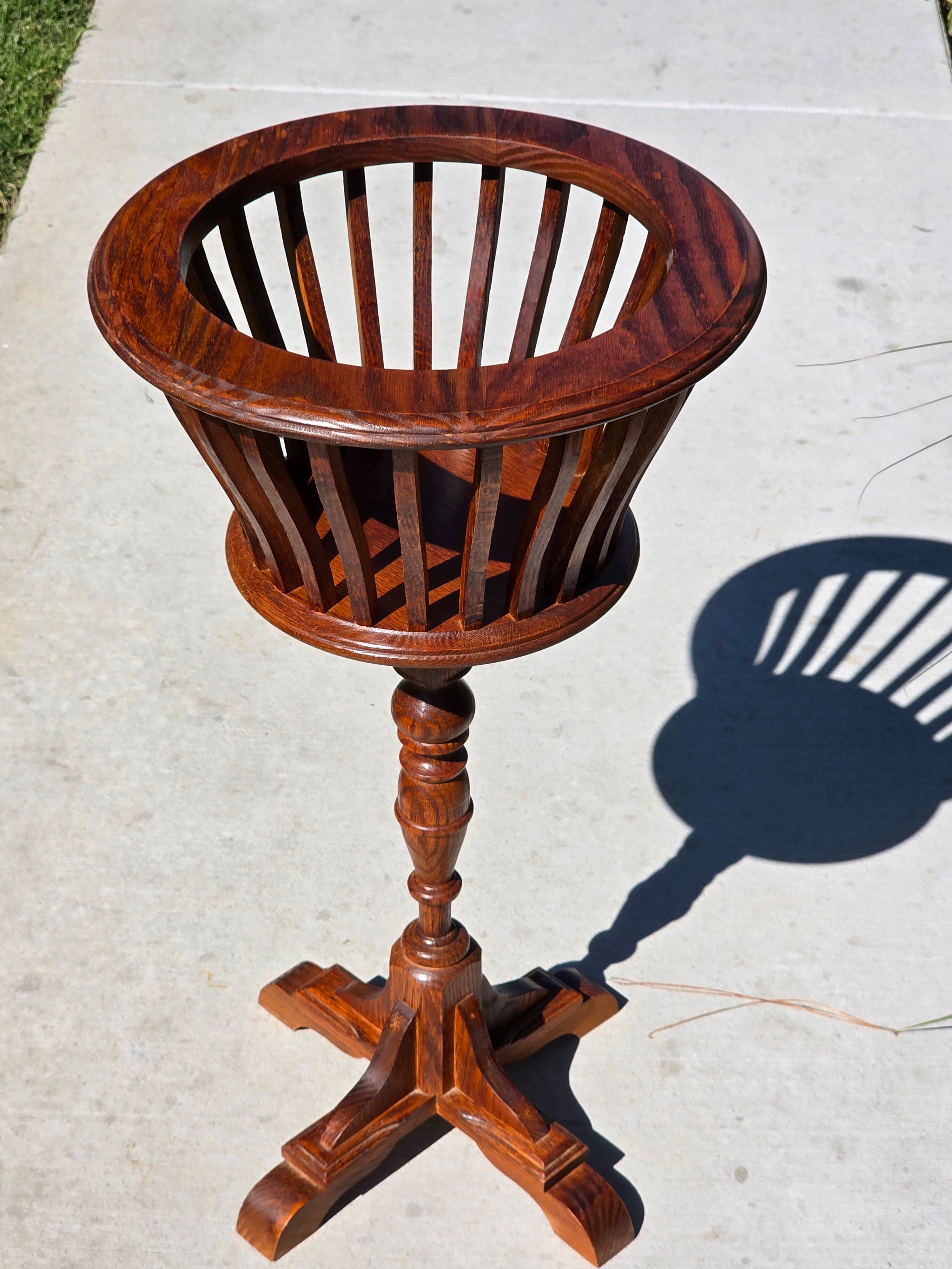 Vintage MCM Oak Wood Planter Stand Basket Turned Leg Pedestal Made in Canada 31"