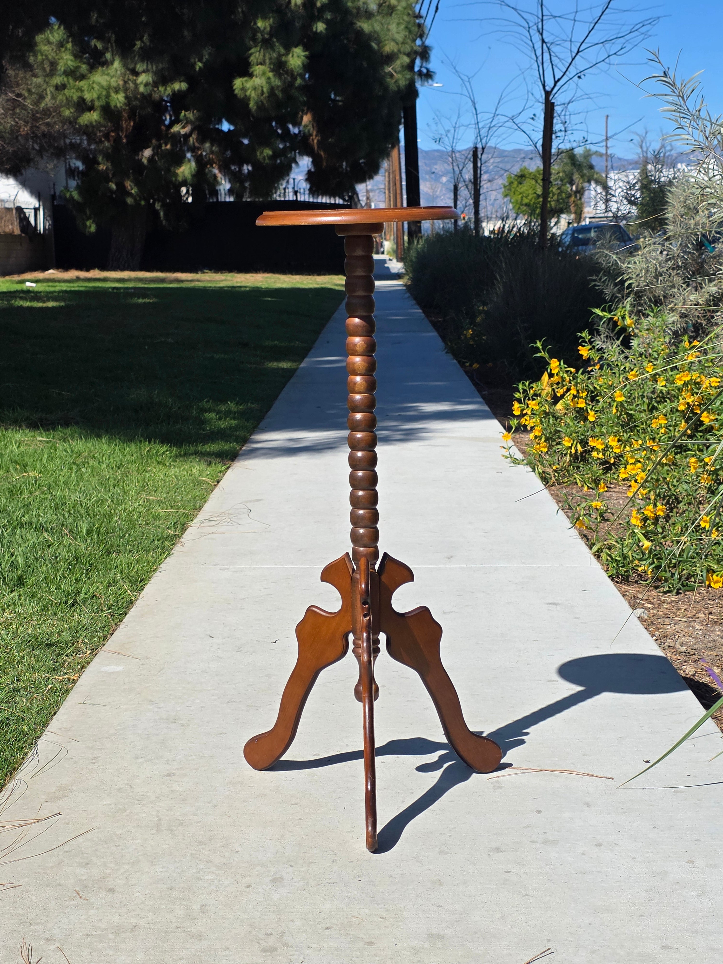 Vintage Bobbin Spindle Plant Stand Wood Candle Pedestal Table Tripod Base 31"