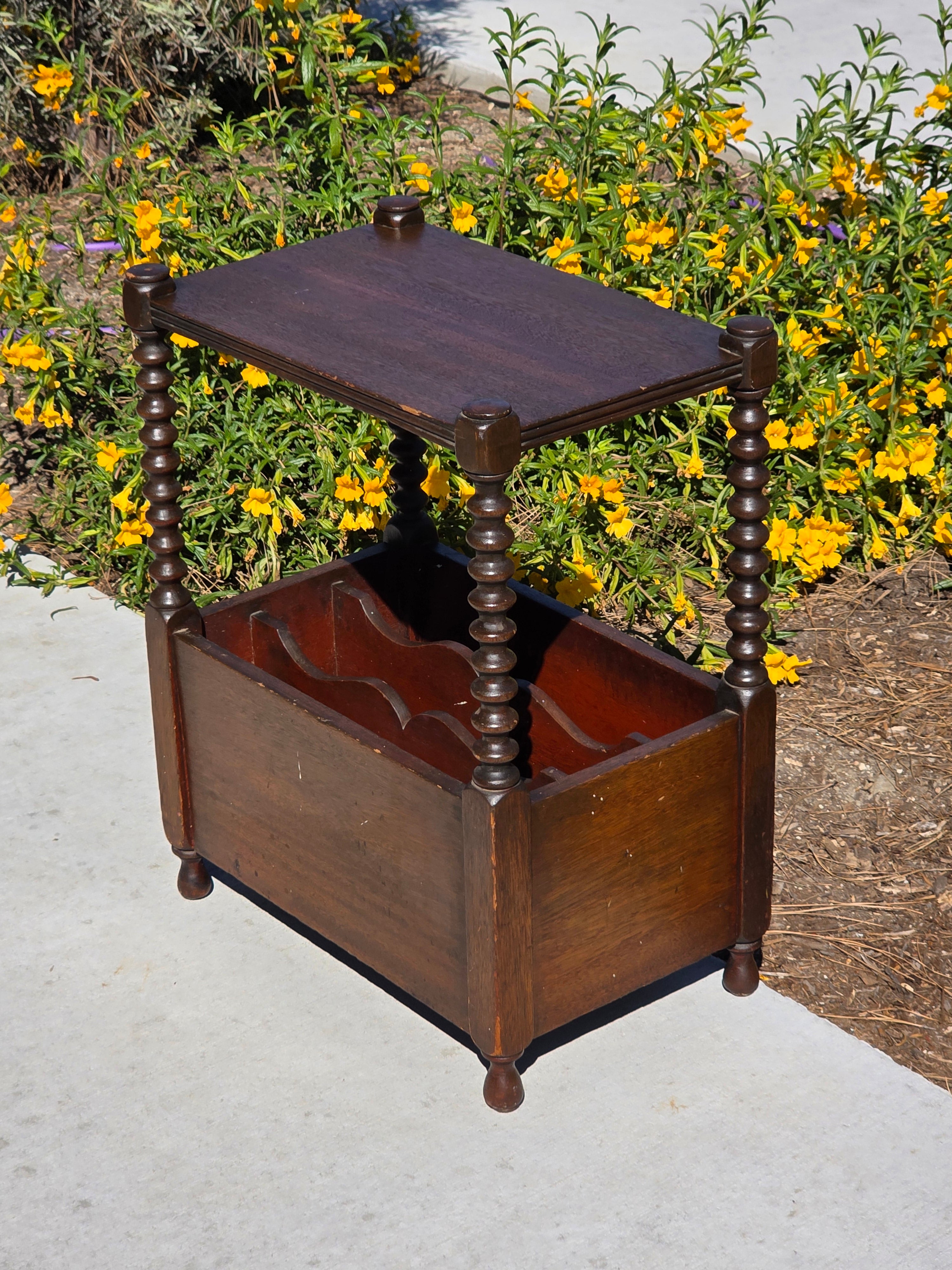 Vintage English Victorian Style Bobbin Leg Magazine Rack Side Table Canterbury