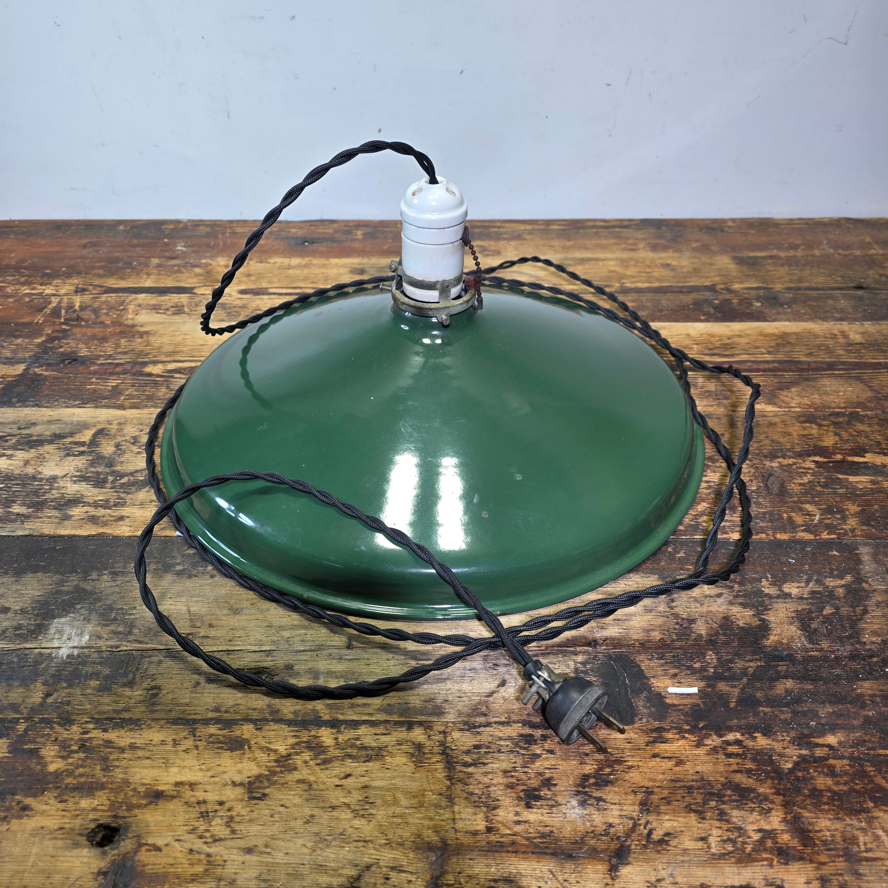 Vintage Industrial Green Enamel Pendant Light Porcelain Pull Chain Socket 16”