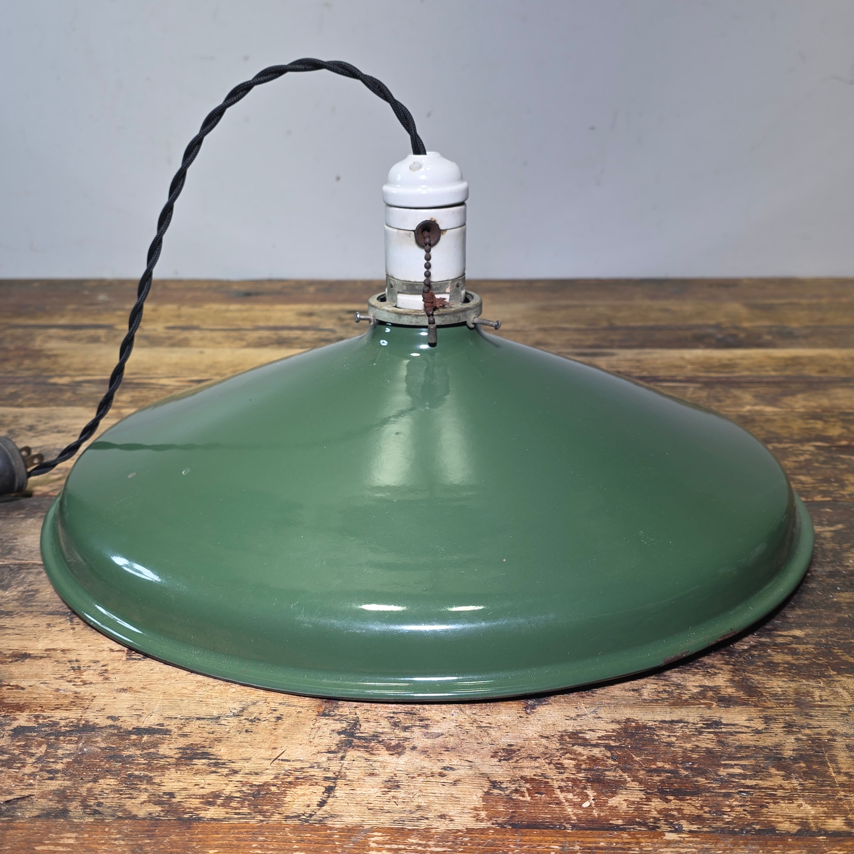Vintage Industrial Green Enamel Pendant Light Porcelain Pull Chain Socket 16”