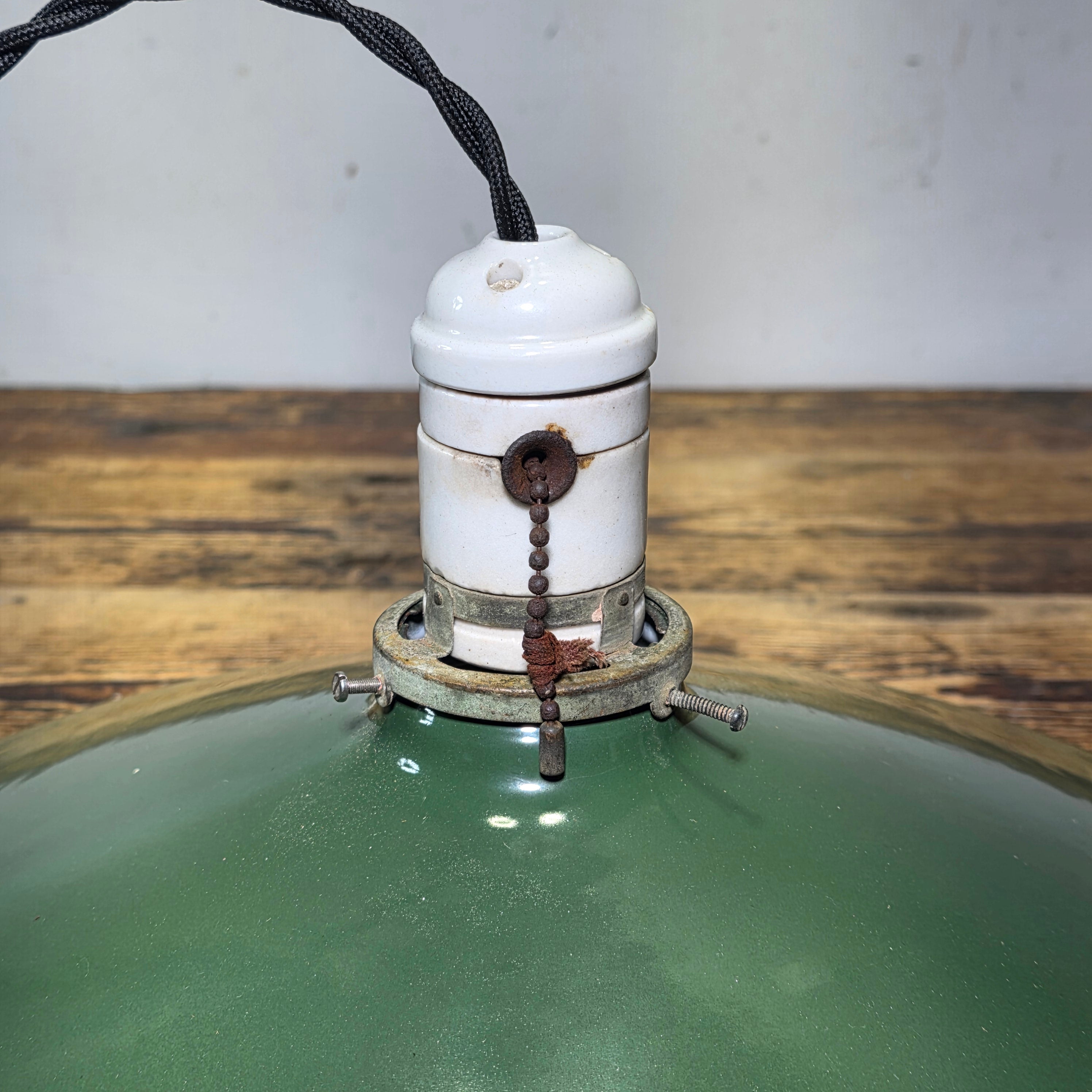 Vintage Industrial Green Enamel Pendant Light Porcelain Pull Chain Socket 16”