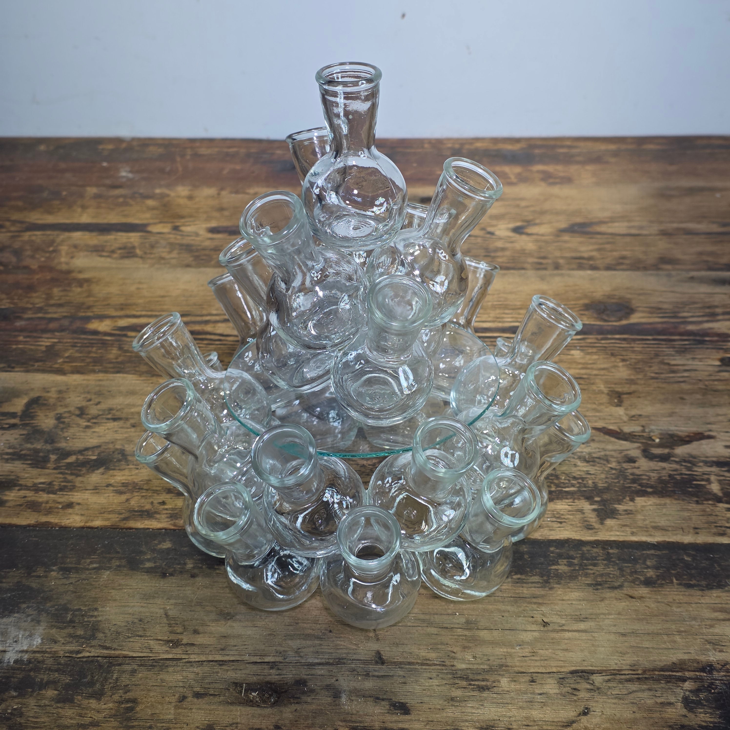 Vintage Pyramid Glass Bud Vase 25 Hole Cluster Flower Frog Centerpiece Clear MCM