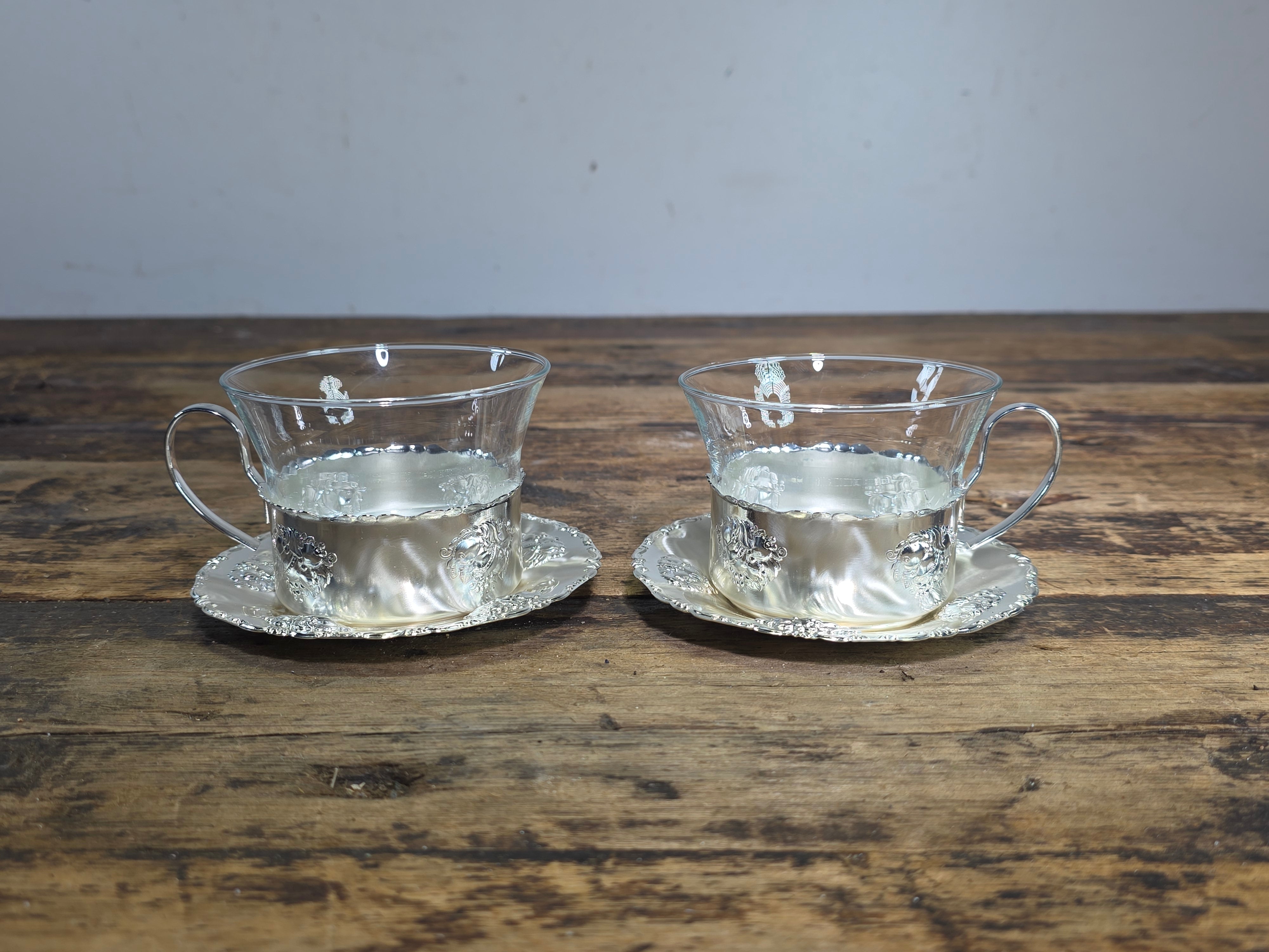 Vintage BMF Quist W-Germany Silver Plated Glass Tea Cup Saucer Set & Mini Basket