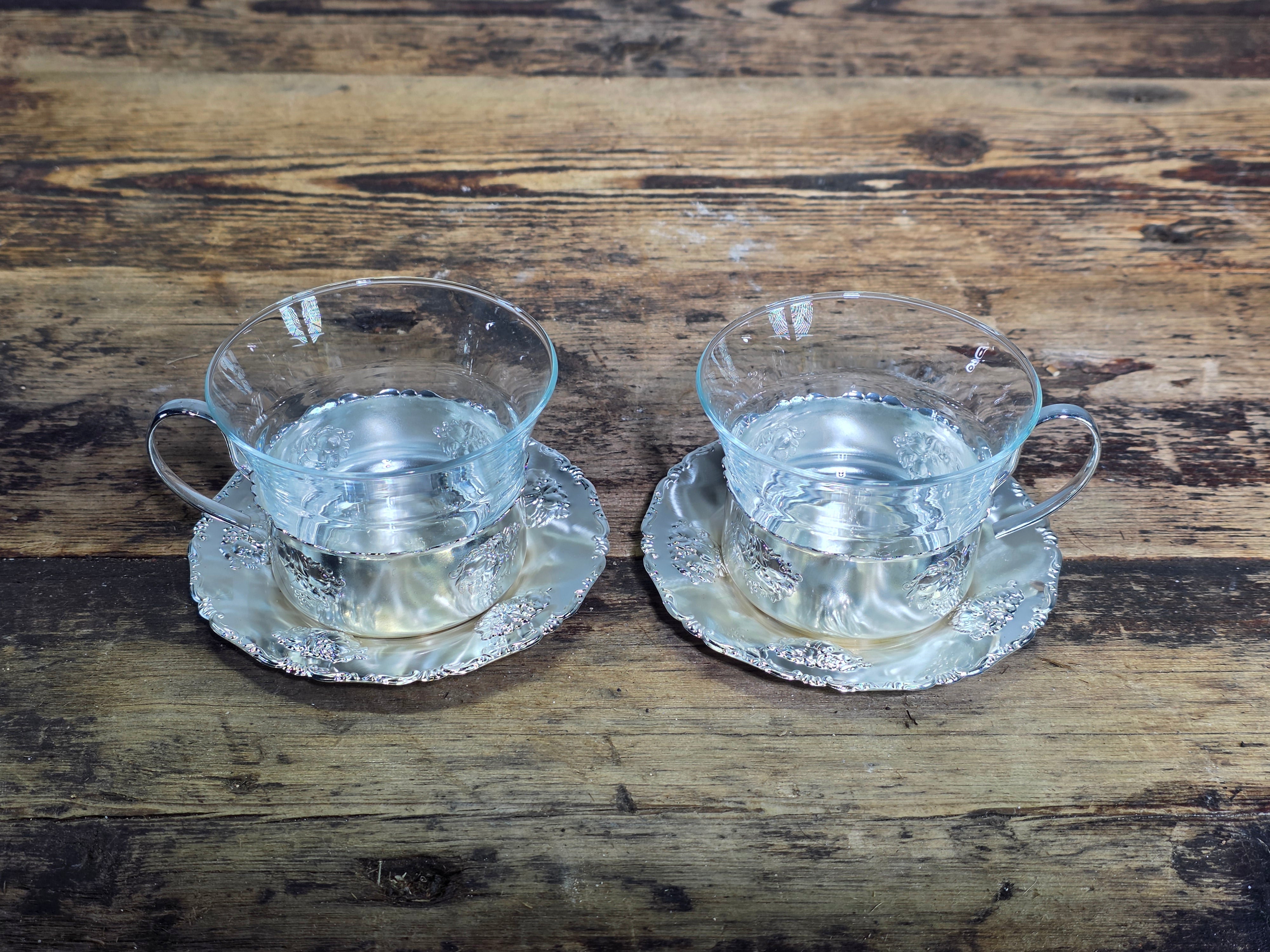 Vintage BMF Quist W-Germany Silver Plated Glass Tea Cup Saucer Set & Mini Basket